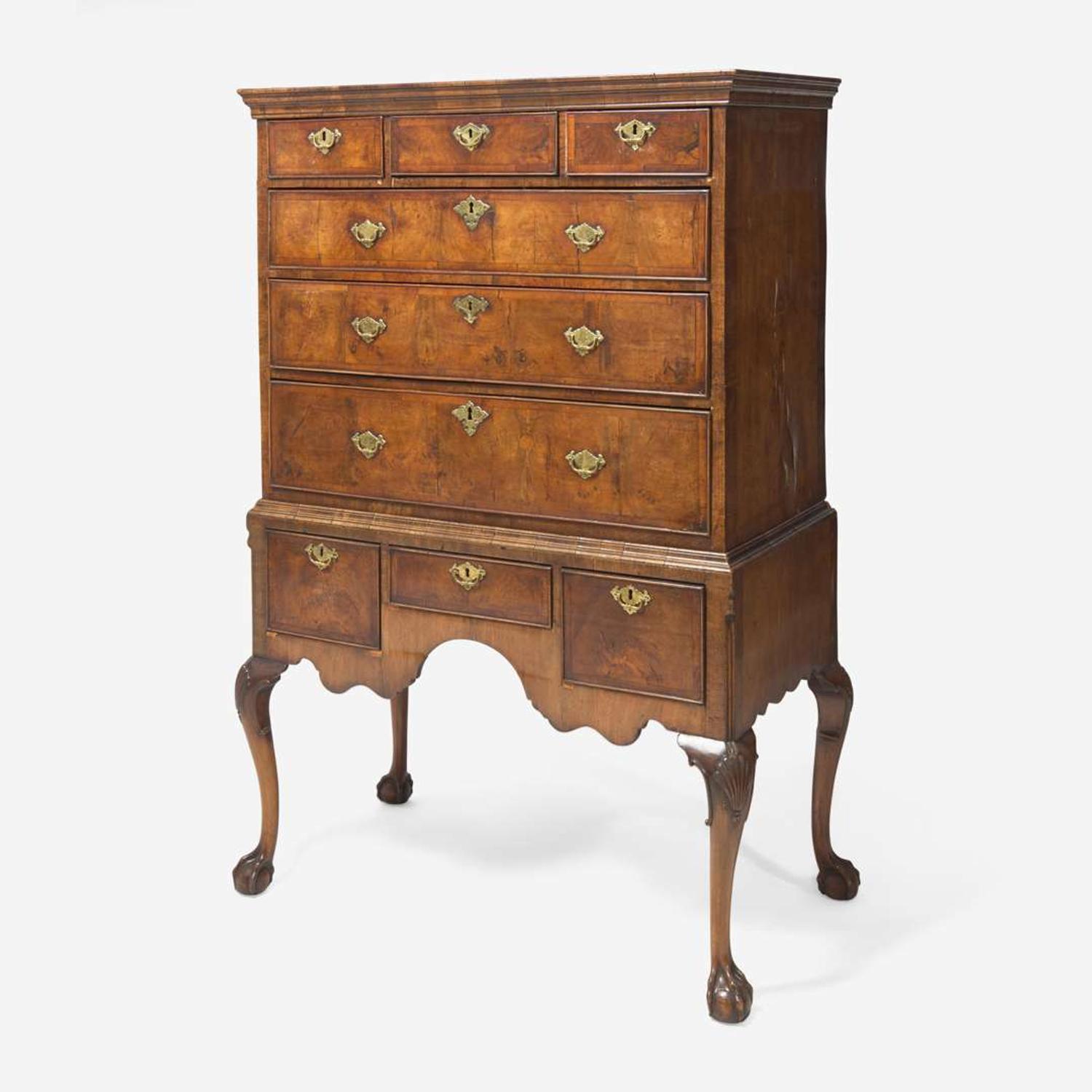 A Queen Anne burl walnut veneered high chest circa 1730 and later