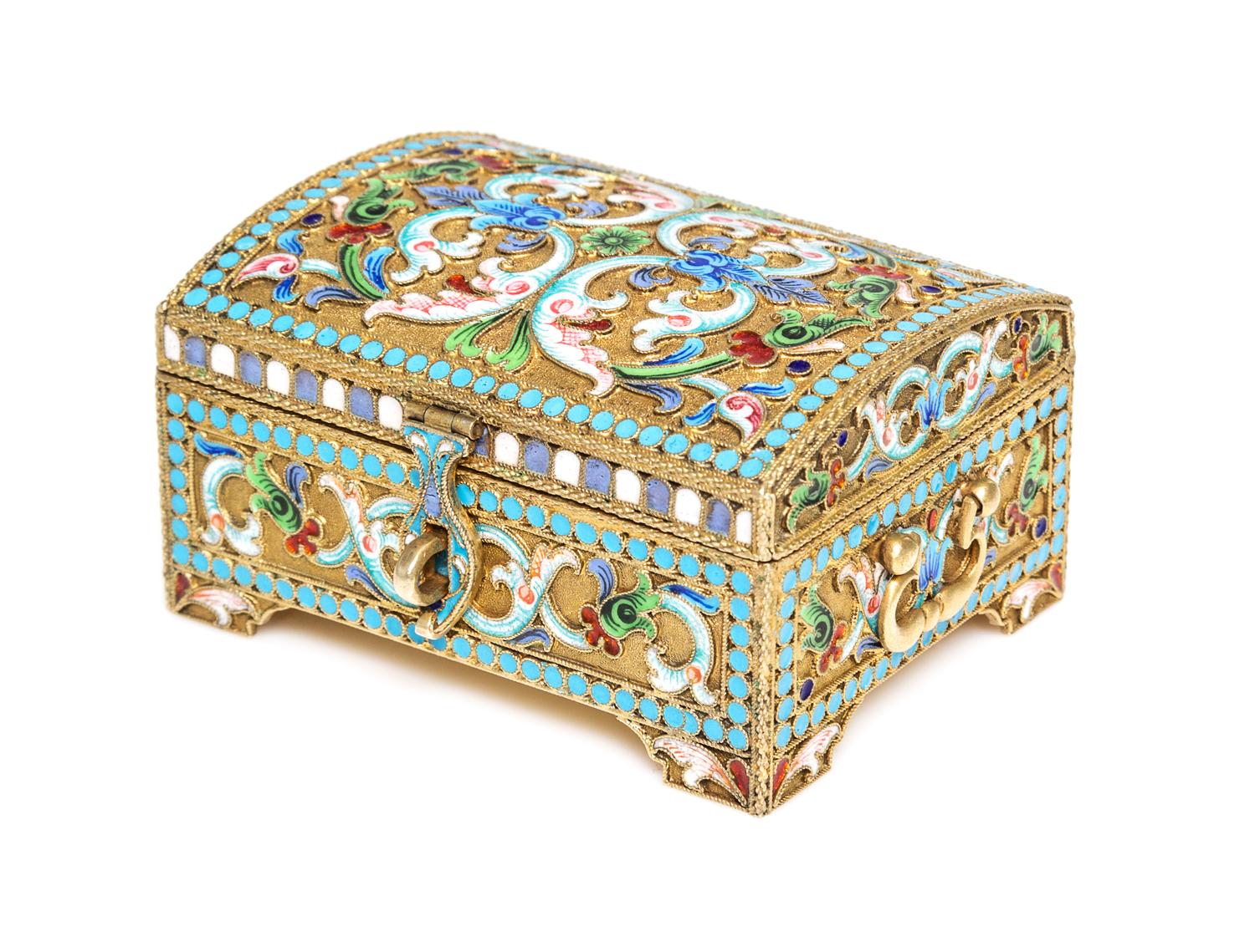A Russian Enameled Silver-Gilt Casket, Possibly Strulyev, Moscow, 19th/20th Century, of rectangular form with a domed lid and bail hand