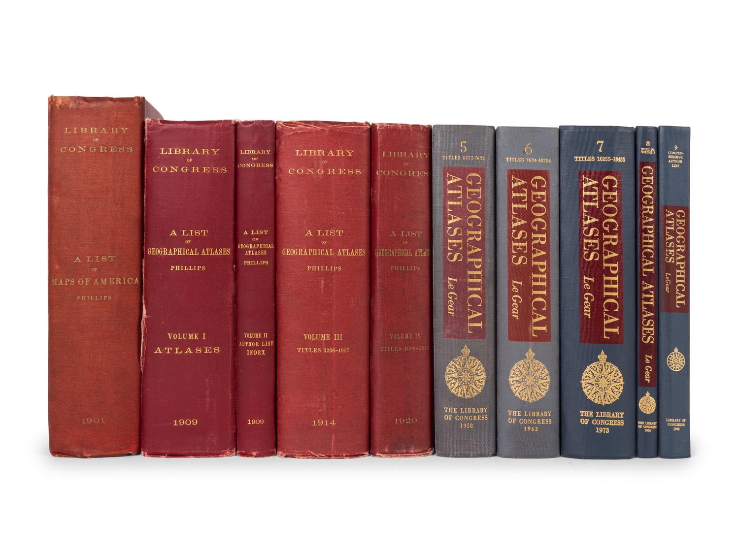 PHILLIPS, Philip Lee (1857-1924) and LeGEAR, Clara Egli (1896-1994). A List of Geographical Atlases in the Library of Congress. Washington: Government Printing Office/Library of Congress, 1909-1992.