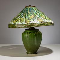 Tiffany Studios New York (American, 1892–1930) — Swirling Daffodil Table Lamp with Grueby Pottery Base