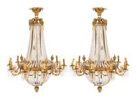 A Pair of Neoclassical Style Gilt Bronze Ten-Light Chandeliers