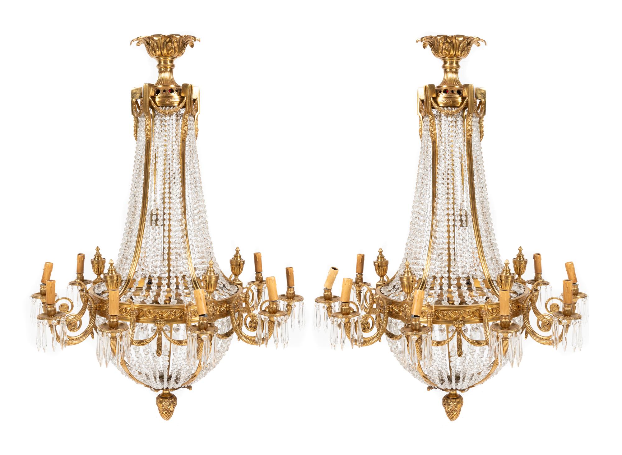A Pair of Neoclassical Style Gilt Bronze Ten-Light Chandeliers