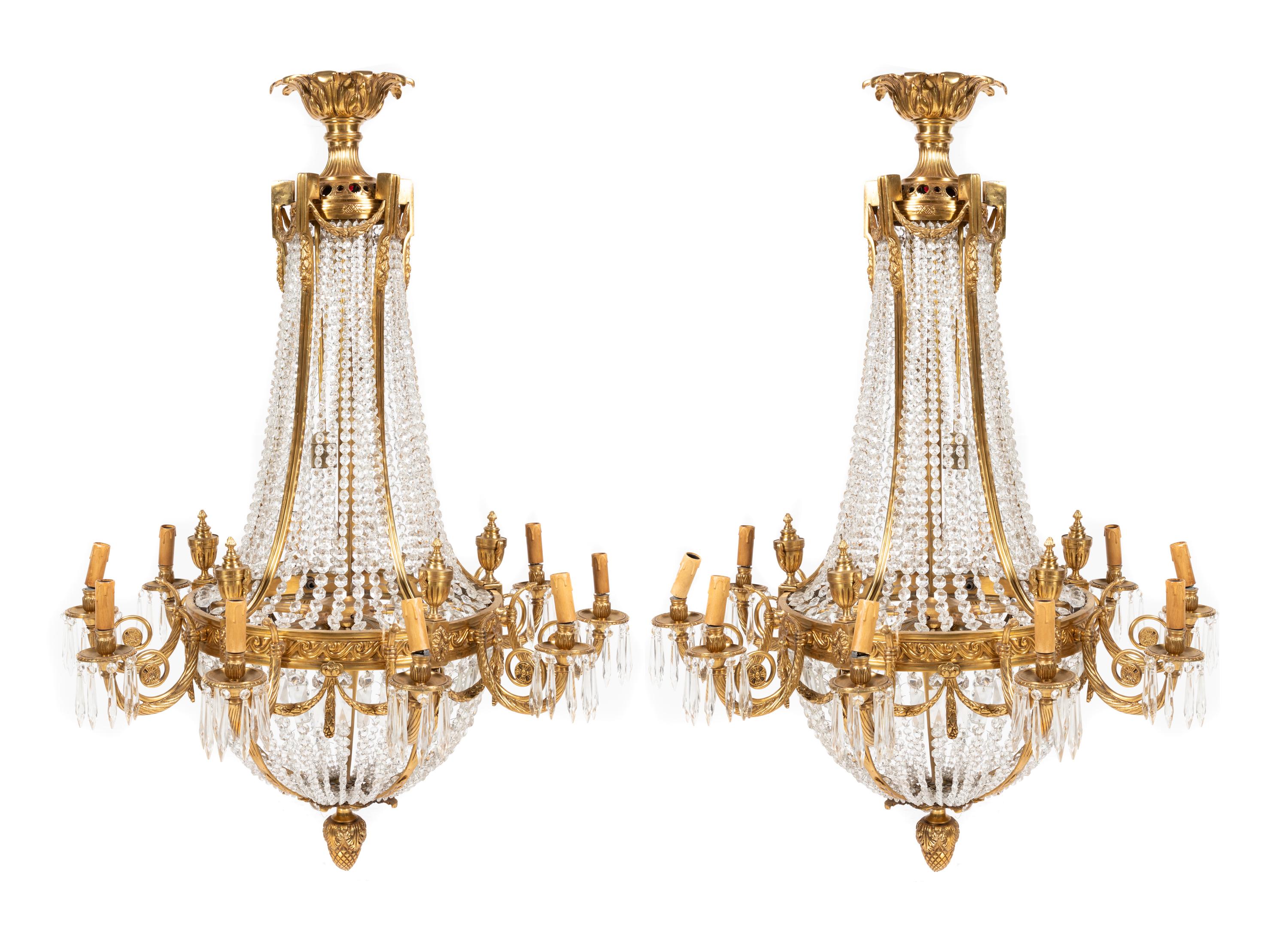 A Pair of Neoclassical Style Gilt Bronze Ten-Light Chandeliers
