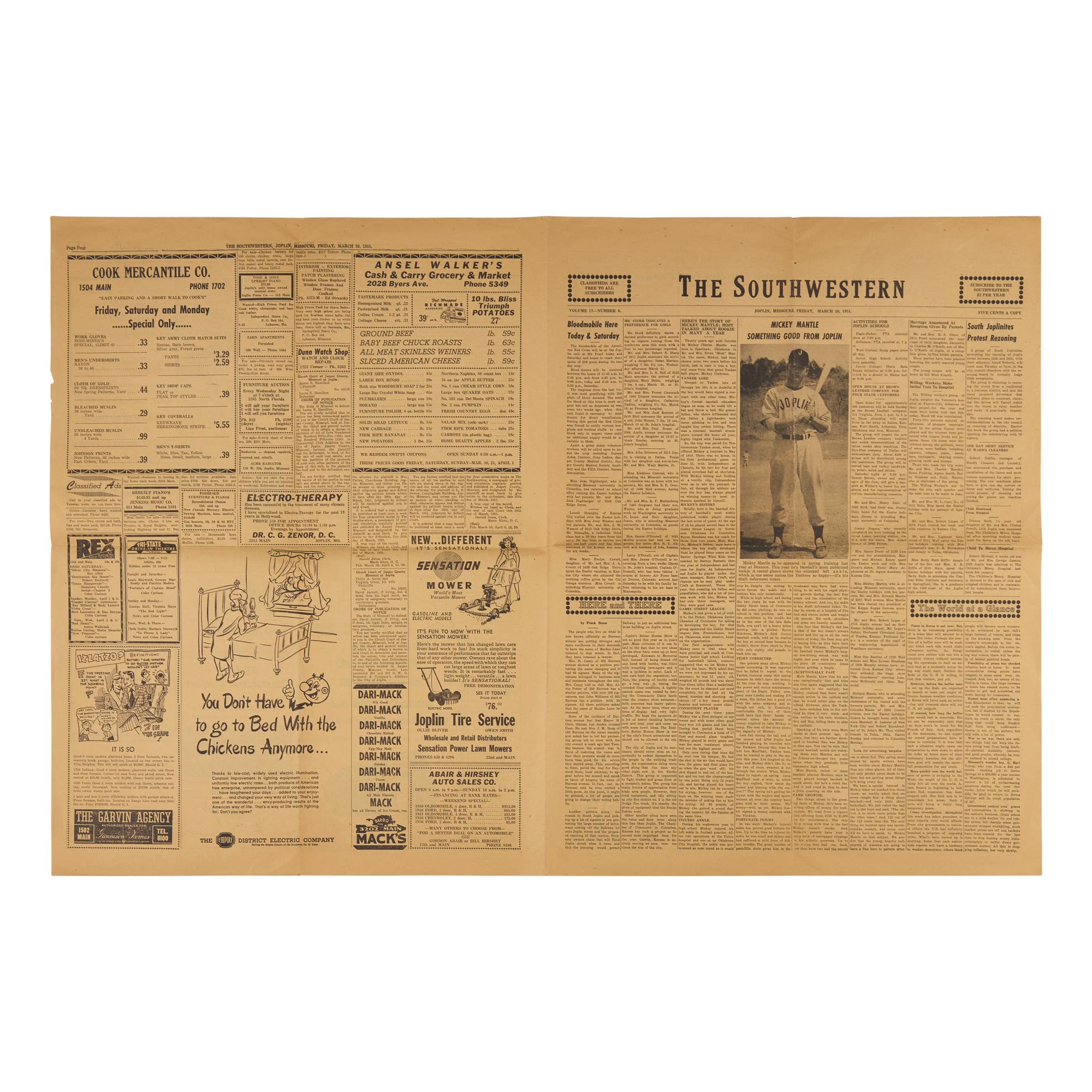 [Baseball] [Mantle, Mickey] Mickey Mantle's First Cover : The Earliest Front-Page Newspaper Image of Mickey Mantle, "Something Good from Joplin"