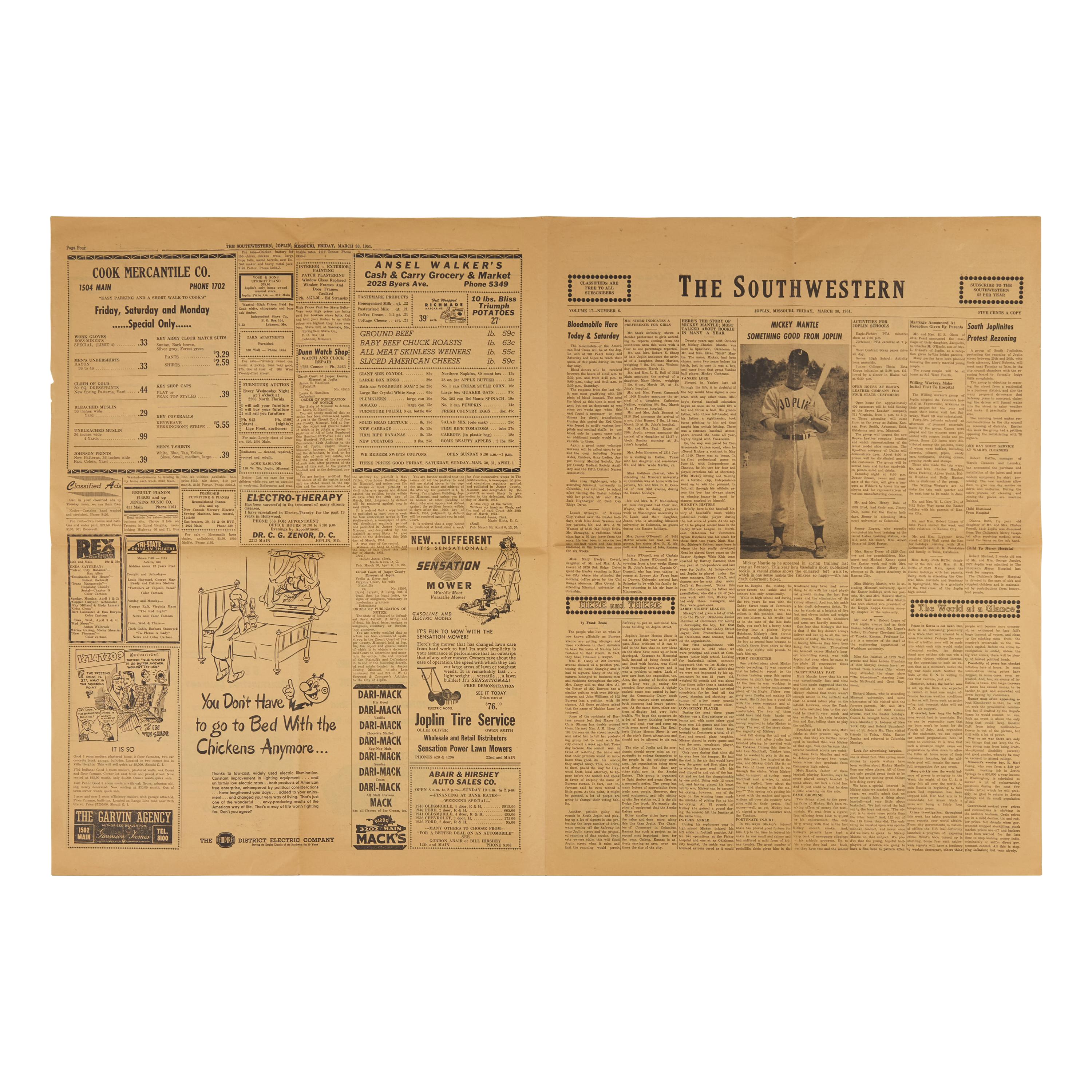 [Baseball] [Mantle, Mickey] Mickey Mantle's First Cover : The Earliest Front-Page Newspaper Image of Mickey Mantle, "Something Good from Joplin"