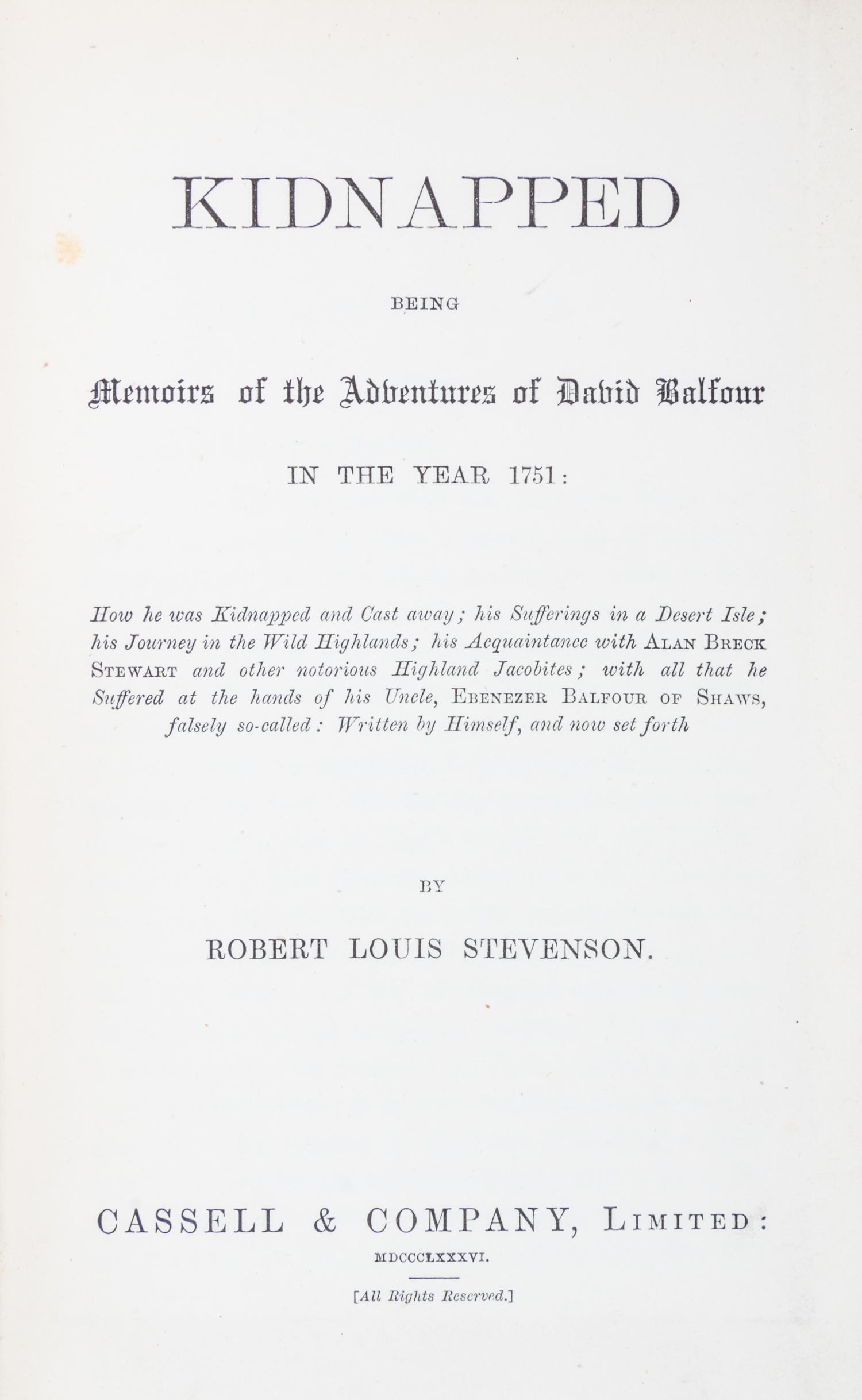STEVENSON, ROBERT LOUIS. Kidnapped. London, 1886. First edition, first issue. Together with Catriona. London, 1893. First editon.