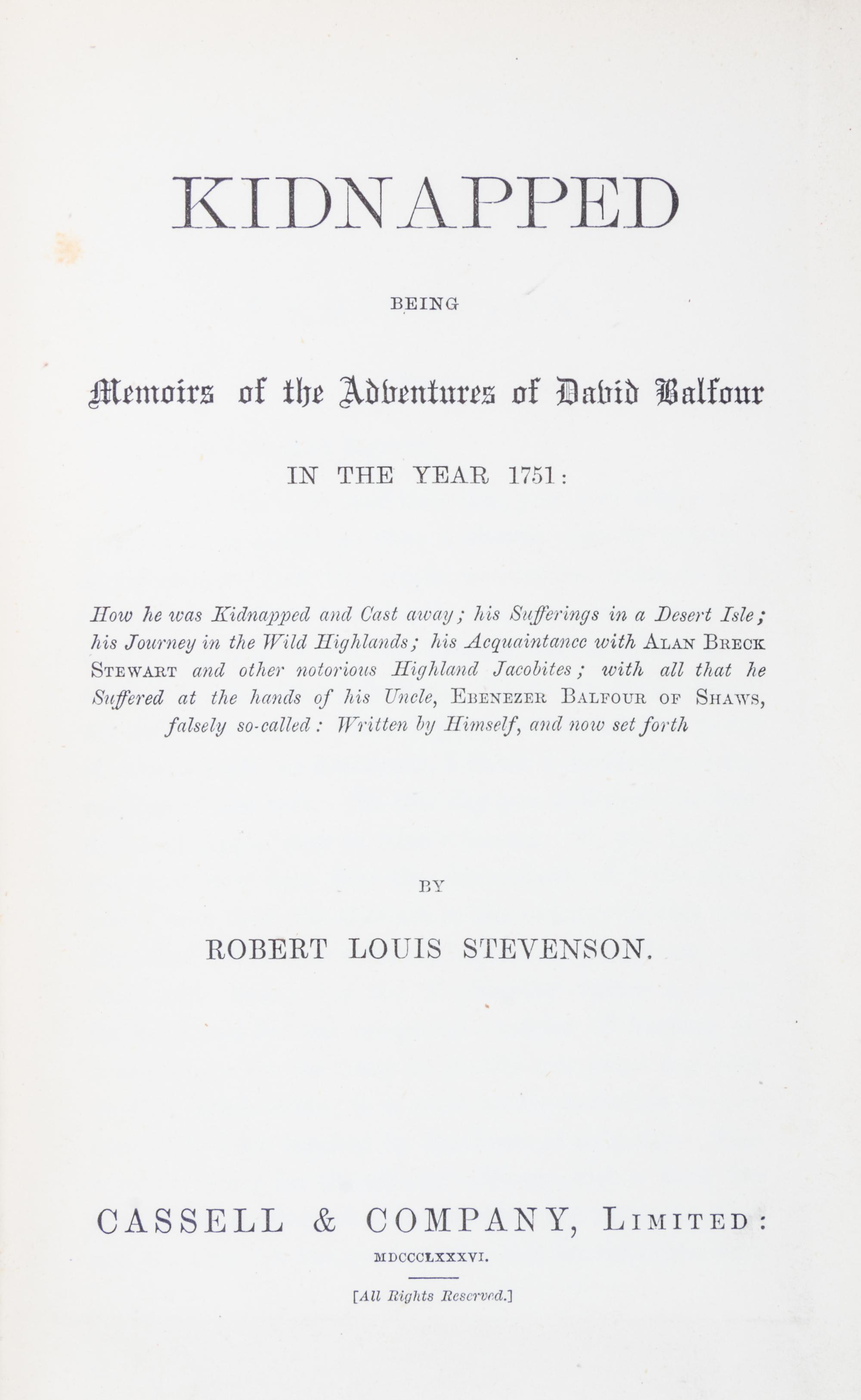 STEVENSON, ROBERT LOUIS. Kidnapped. London, 1886. First edition, first issue. Together with Catriona. London, 1893. First editon.