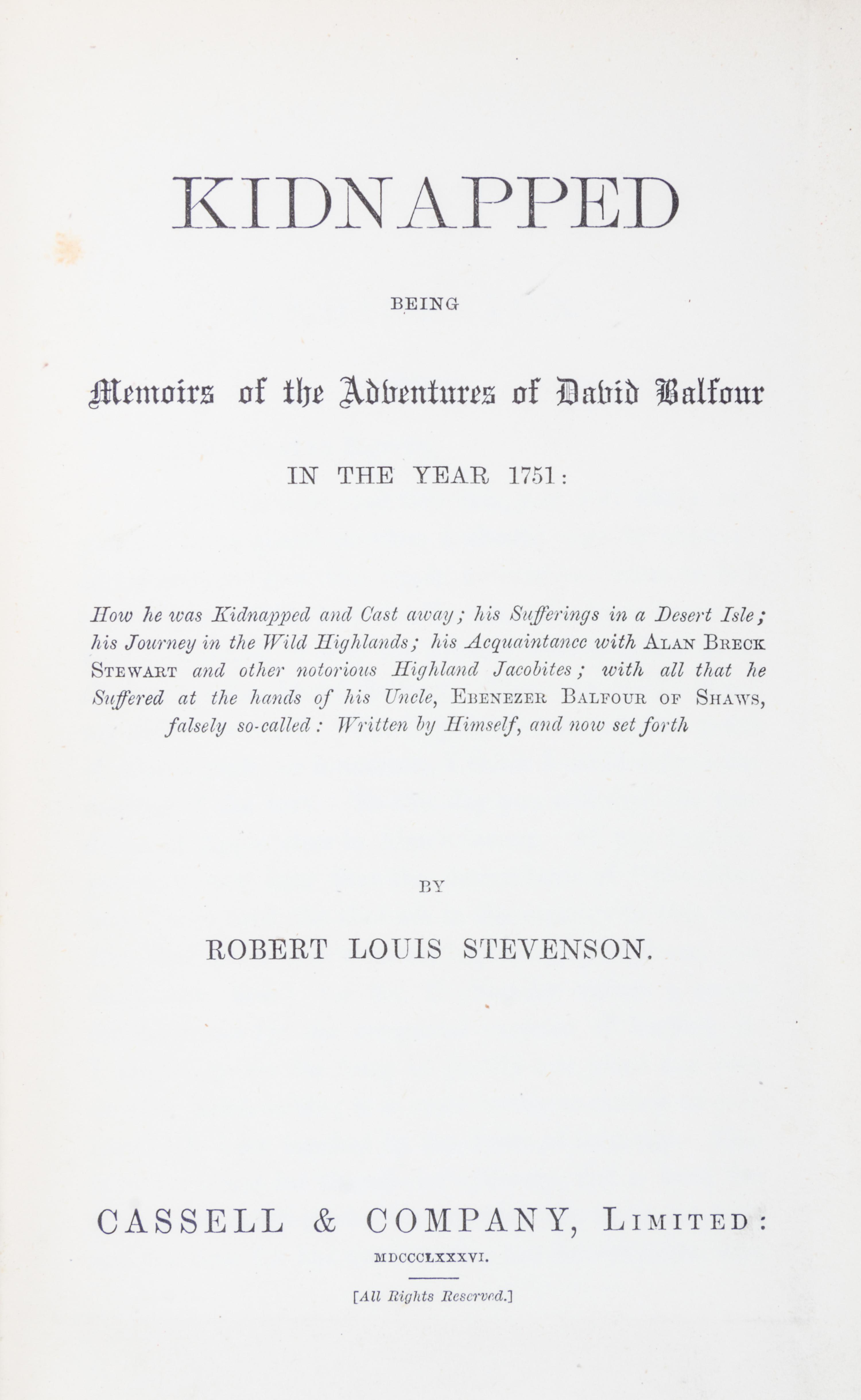 STEVENSON, ROBERT LOUIS. Kidnapped. London, 1886. First edition, first issue. Together with Catriona. London, 1893. First editon.
