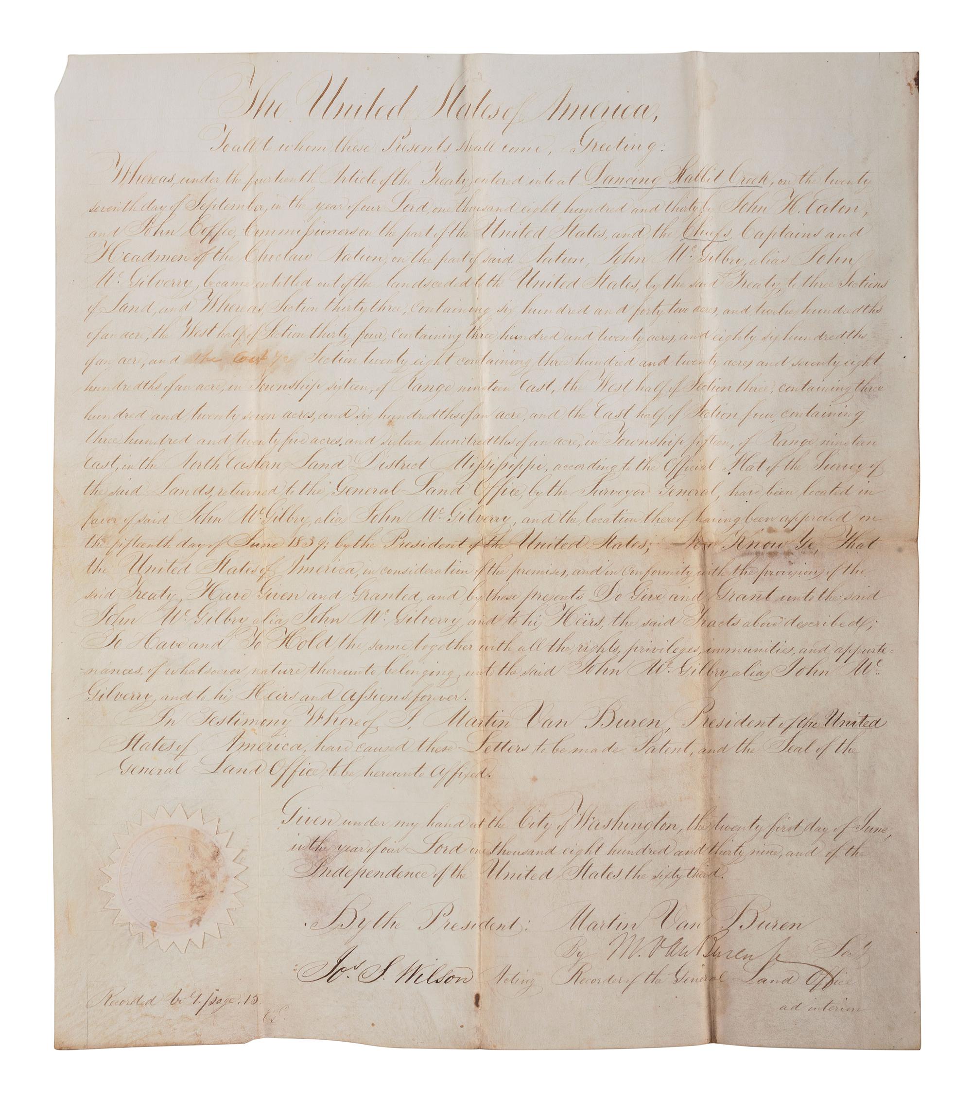 [NATIVE AMERICANS]. VAN BUREN, Martin (1782-1862). Secretarial document signed. Washington, DC, 21 June 1839.