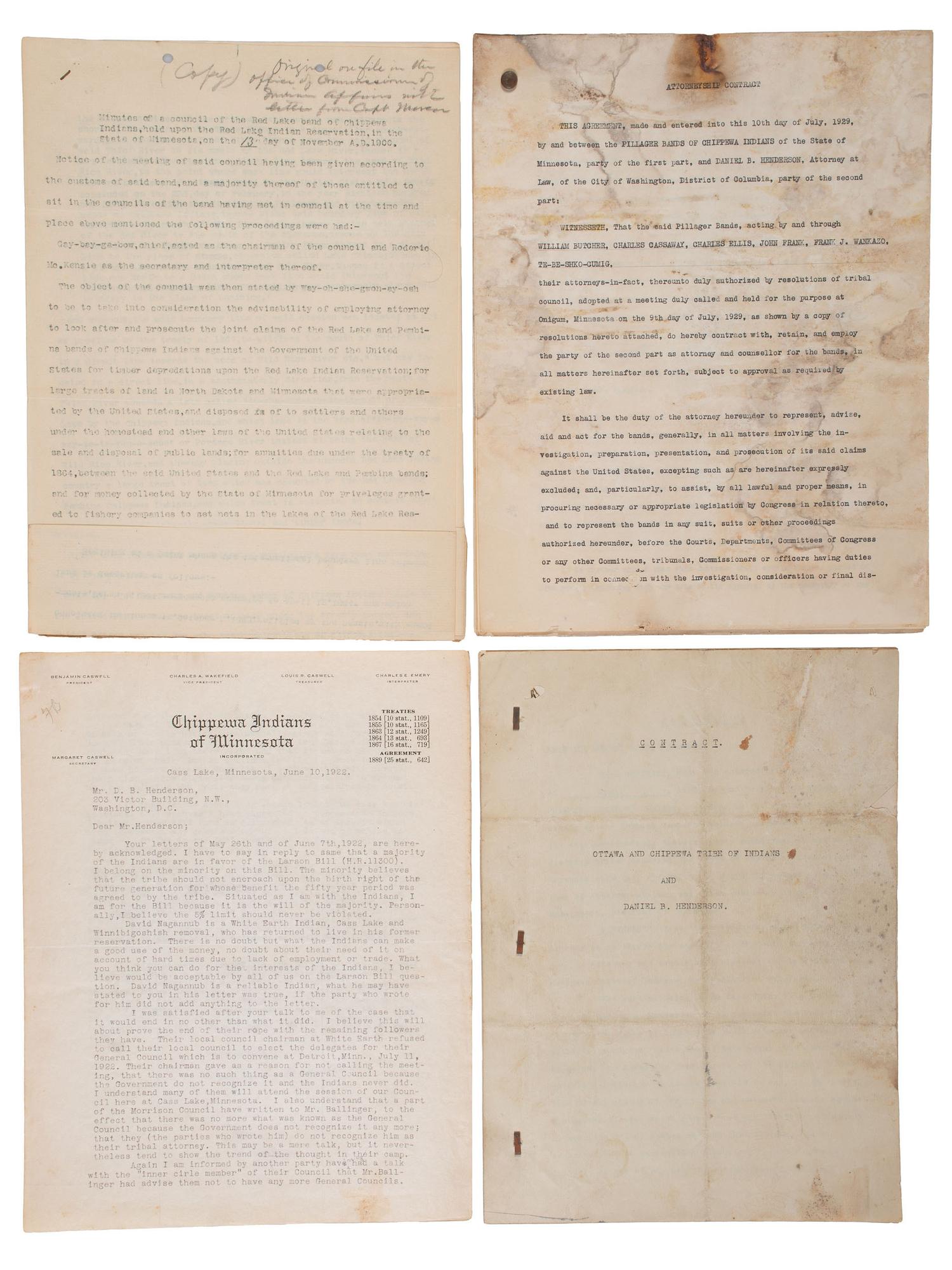 [NATIVE AMERICAN]. Archive of documents related to lawyer Daniel B. Henderson and his legal representation of various bands of Chippewa Indians.