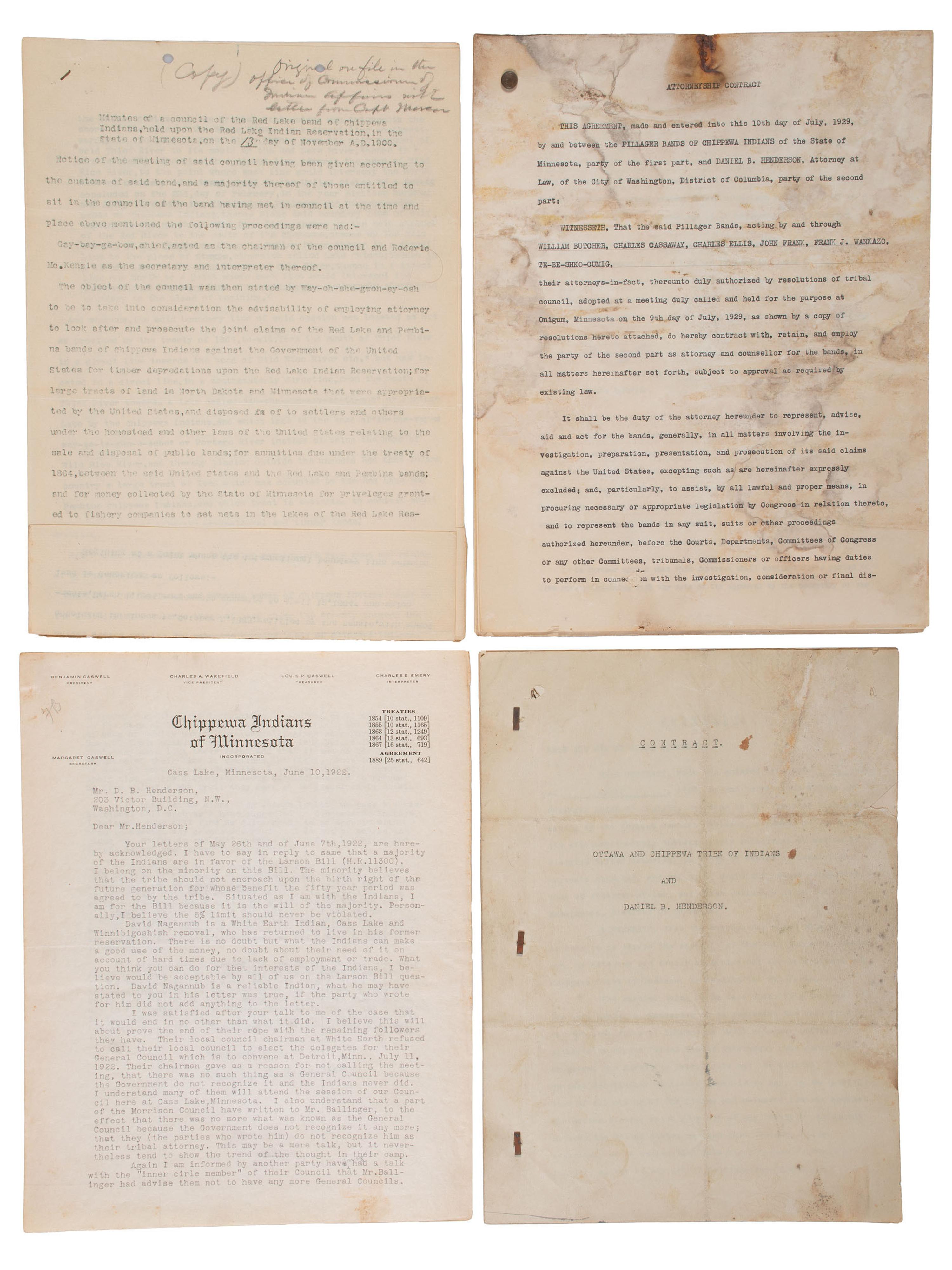[NATIVE AMERICAN]. Archive of documents related to lawyer Daniel B. Henderson and his legal representation of various bands of Chippewa Indians.