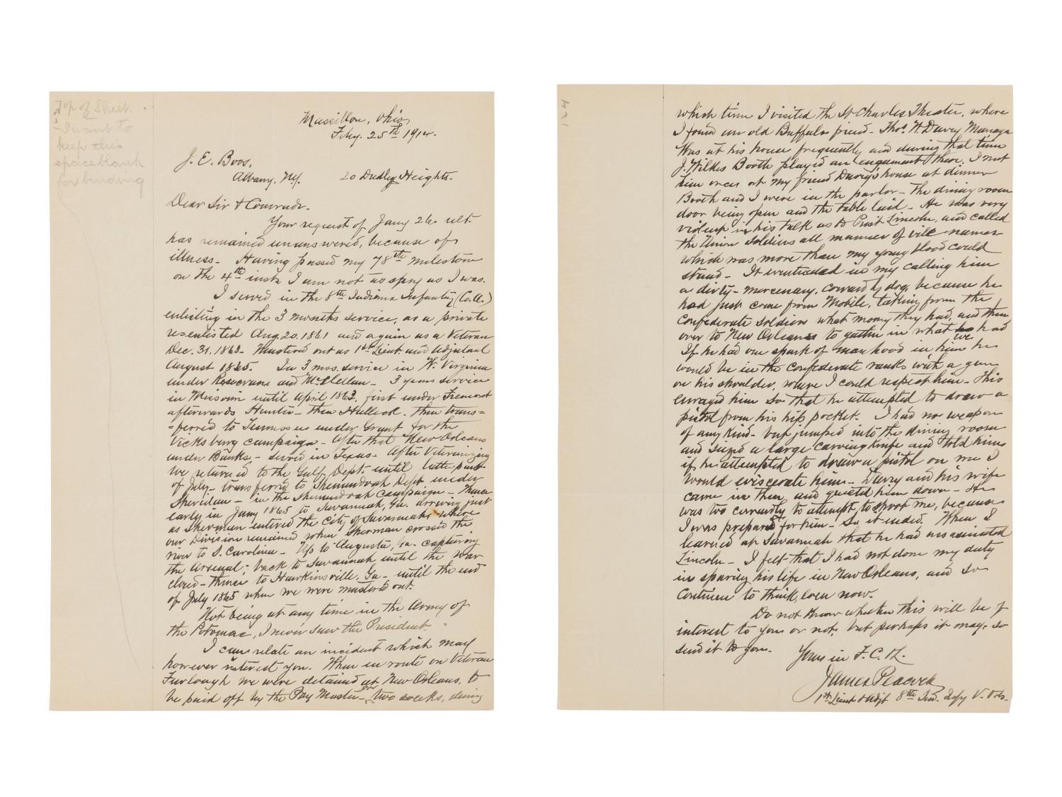 [BOOTH, John Wilkes (1838-1865)]. PEACOCK, James. Autograph letter signed ("James Peacock") to J.E. Boos. [Massilion], Ohio, 25 February 1914.