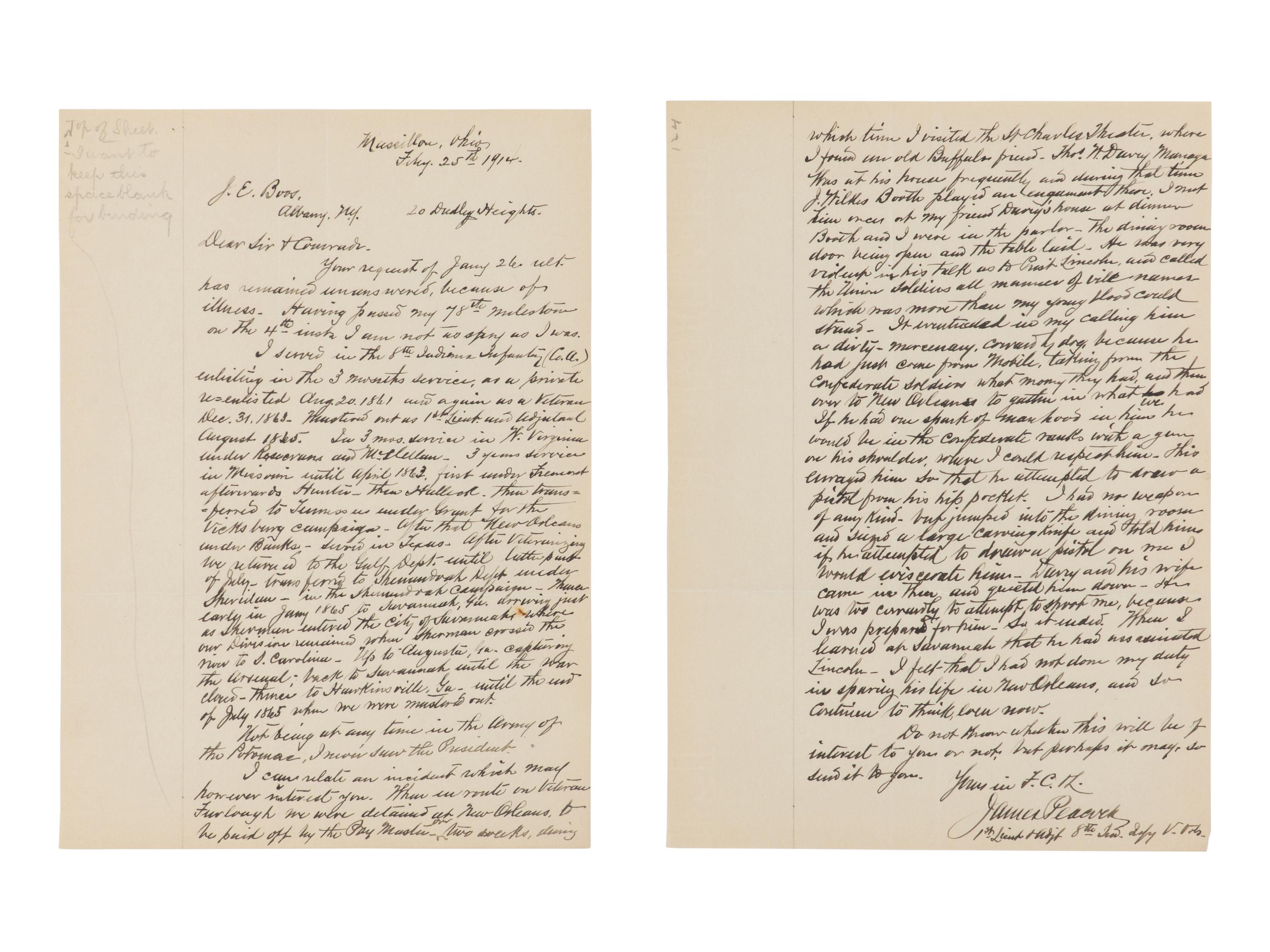 [BOOTH, John Wilkes (1838-1865)]. PEACOCK, James. Autograph letter signed ("James Peacock") to J.E. Boos. [Massilion], Ohio, 25 February 1914.