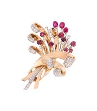 RETRO, DIAMOND AND RUBY BROOCH