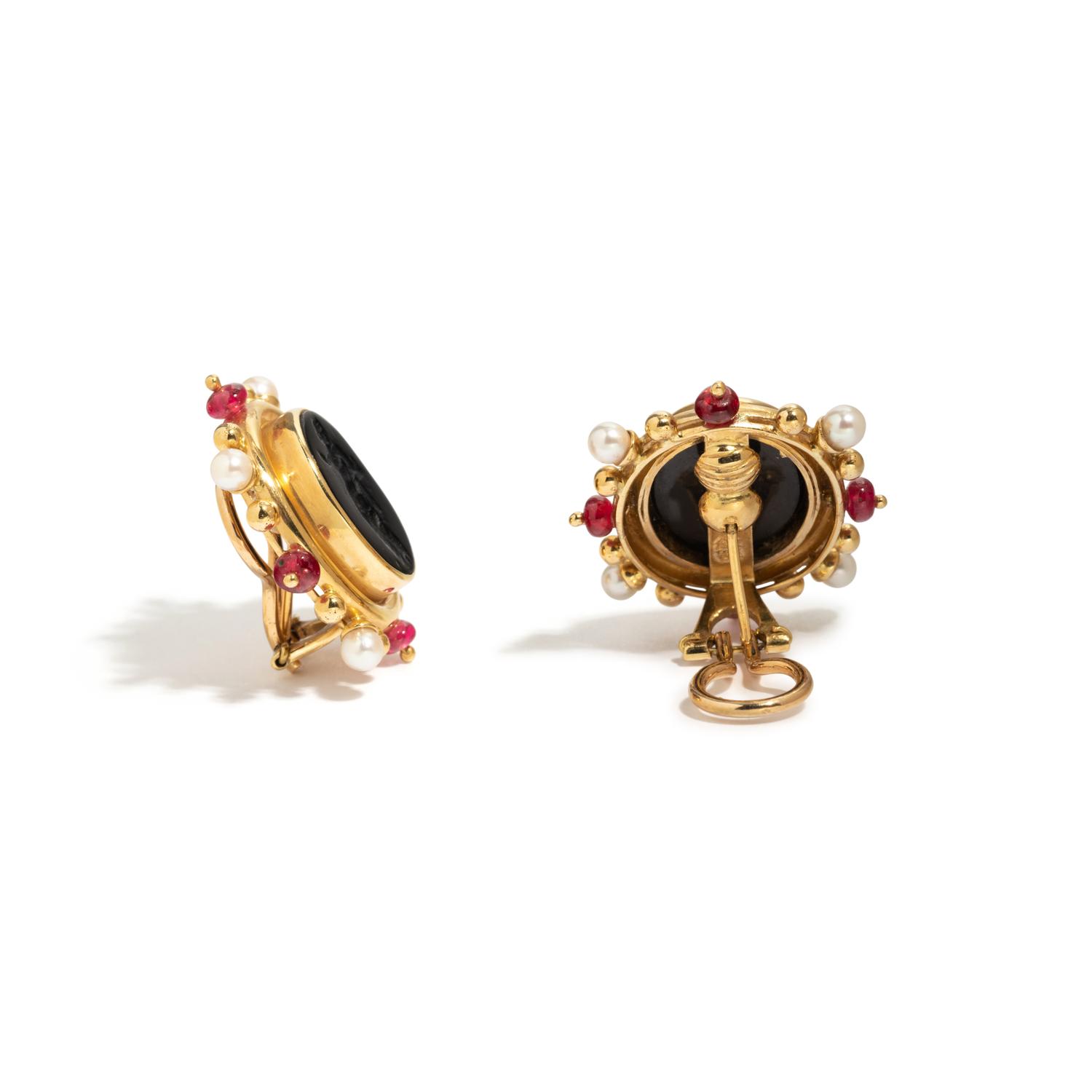 ELIZABETH LOCKE, YELLOW GOLD, CULTURED PEARL, RUBY AND GLASS CAMEO EARCLIPS