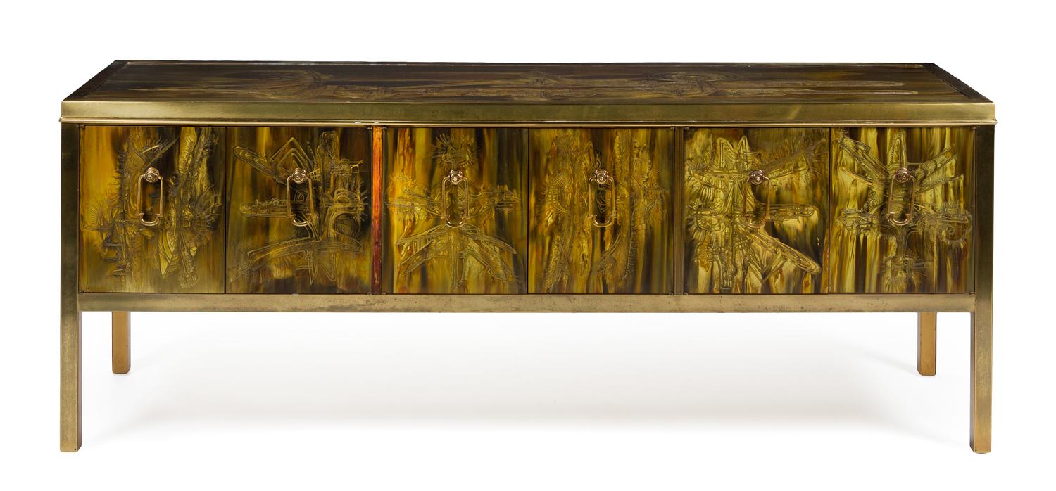 A Brass Inlaid Sideboard Height 29 5/8 x width 77 7/8 x depth 20 7/8 inches. — SECOND HALF 20TH CENTURY