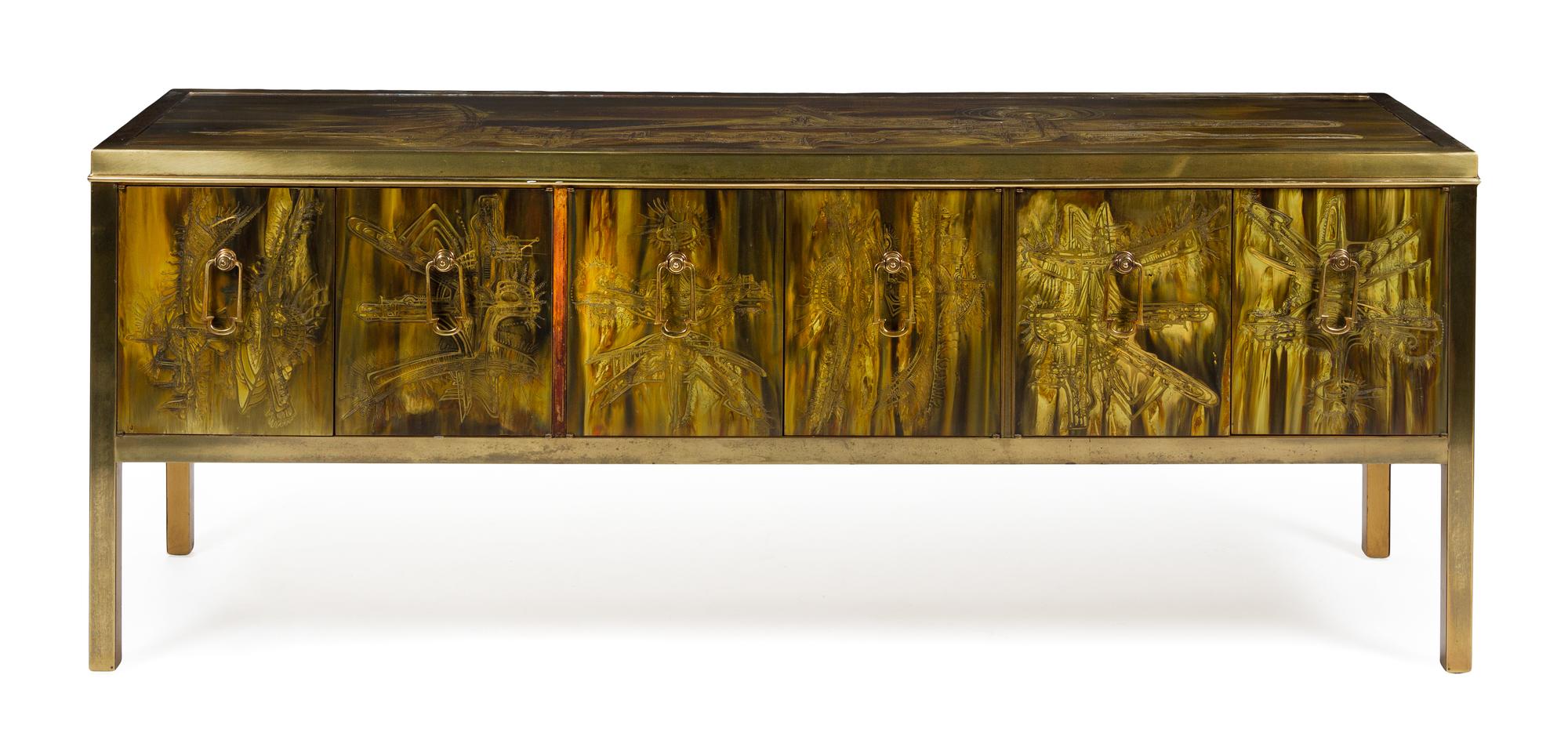 A Brass Inlaid Sideboard Height 29 5/8 x width 77 7/8 x depth 20 7/8 inches. — SECOND HALF 20TH CENTURY