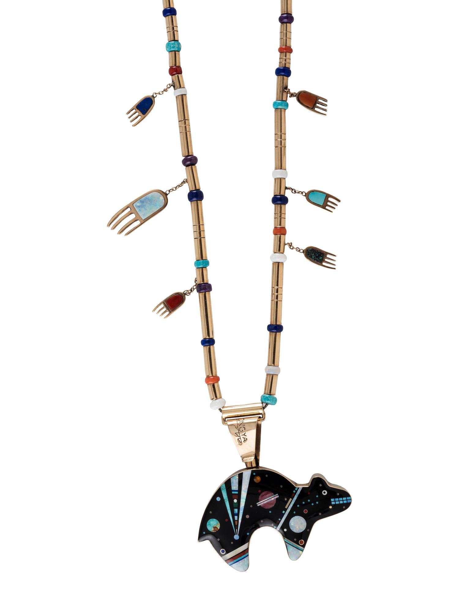 14K Gold Necklace, with Reversible Mosaic Inlay Bear Pendant