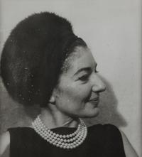 CALLAS, Maria (1923-1977). Autograph note signed (“Maria Meneghini Callas”), to Alda Girouset. N.p., 1954. 1 page, oblong 8vo, 142 x 210 mm, on an autograph book sheet, matted and framed with 3 photographic portraits of Callas, including one after an image by Cecil Beaton.