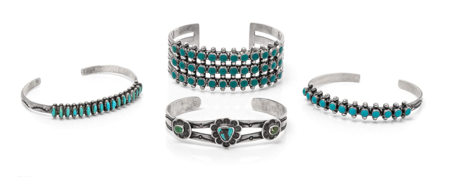 A Collection of Silver and Turquoise Cuff Bracelets,