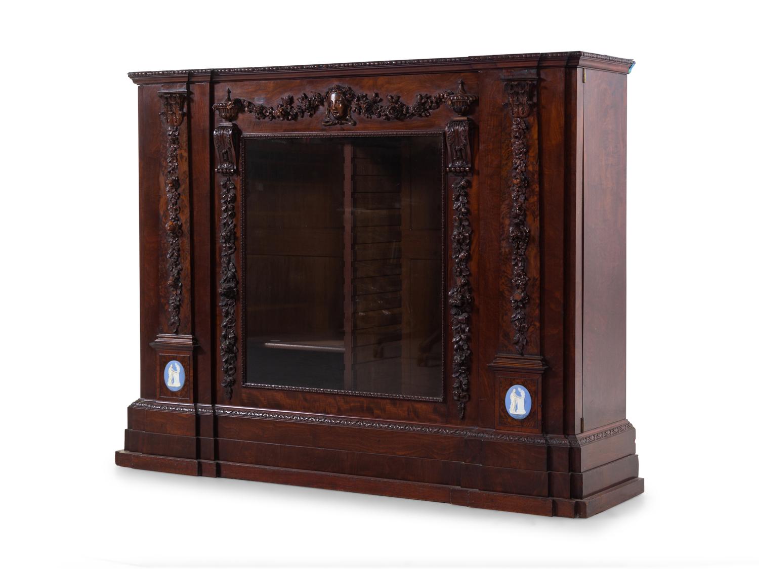 An English Jasperware Mounted Carved Burlwood Cabinet