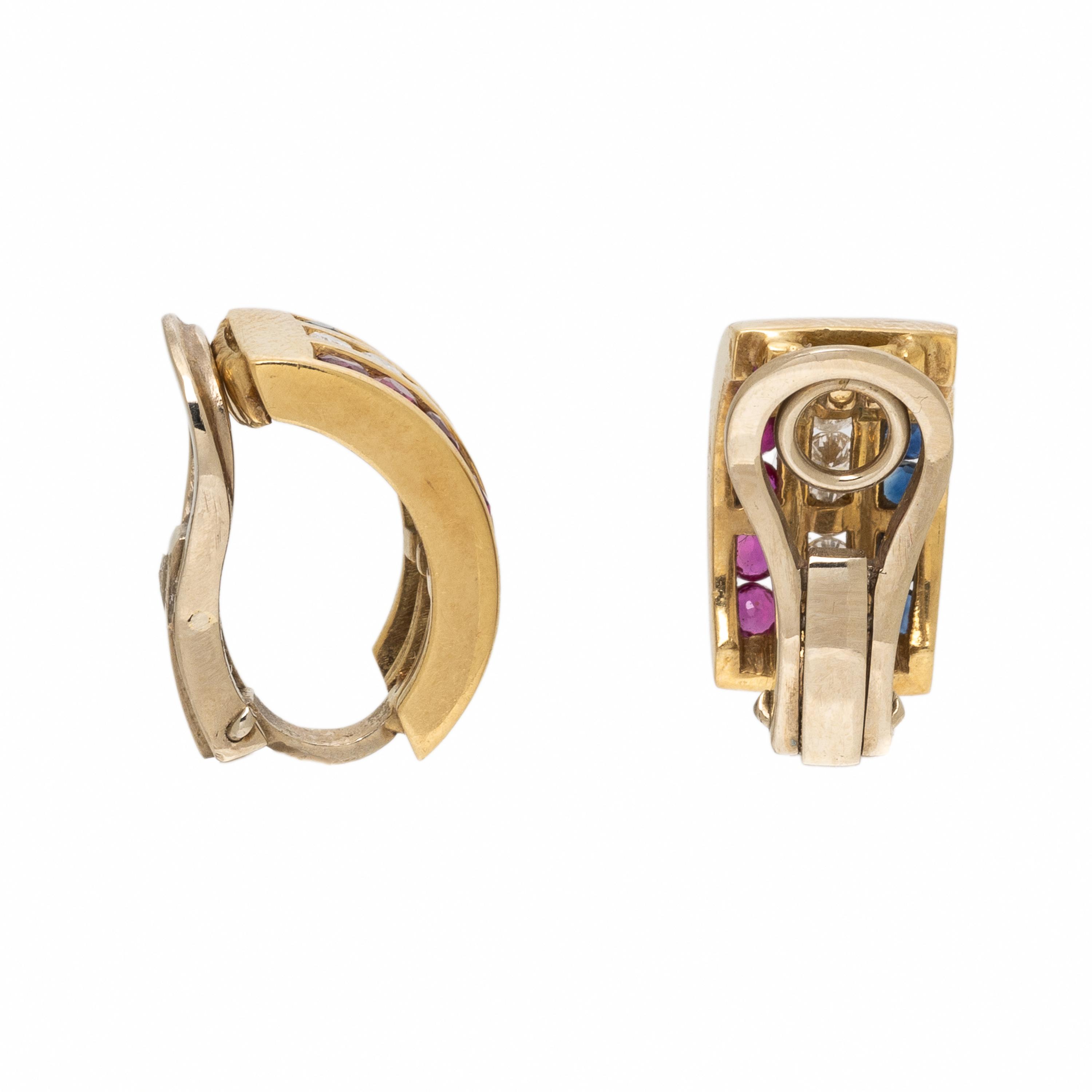 Sapphire, Diamond, Ruby, and Yellow Gold Earrings