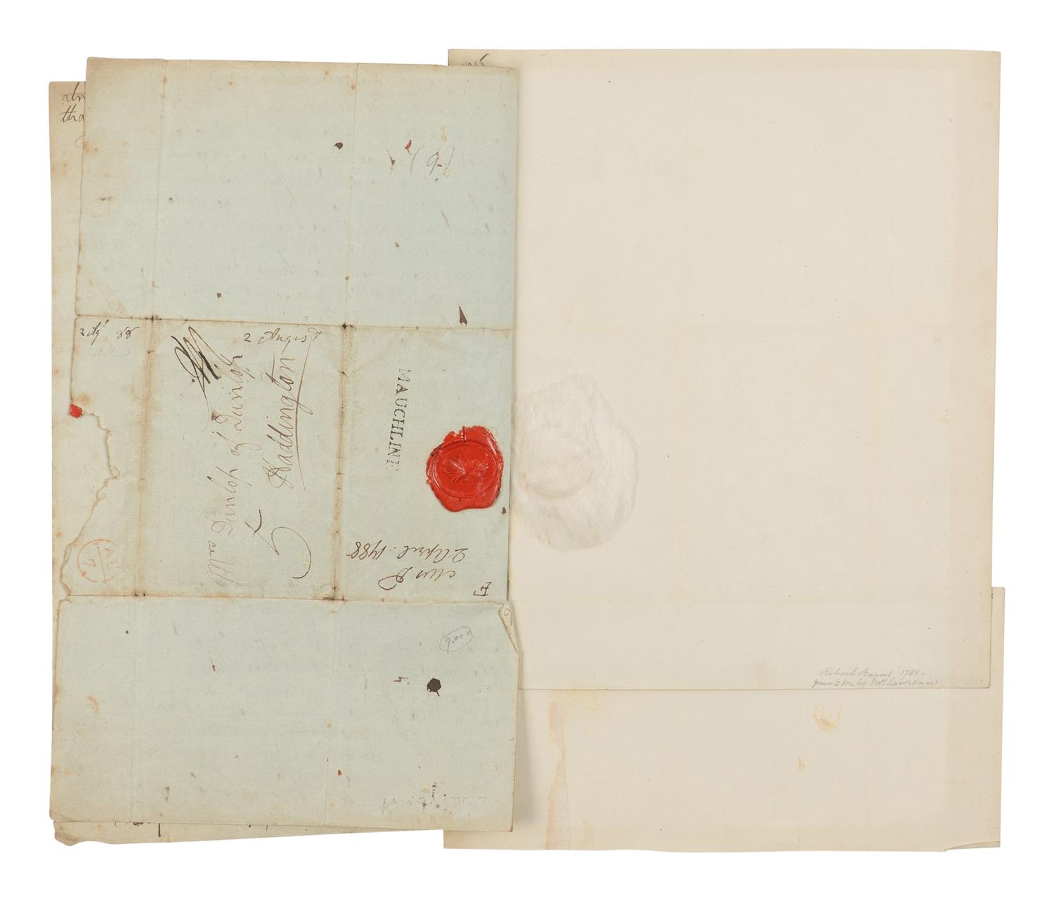 BURNS, Robert (1759-1796). Autograph letter signed ("Robt. Burns"), to Frances Dunlop (addressed as "Mrs. Dunlop"), Mauchline, 2 August 1788.