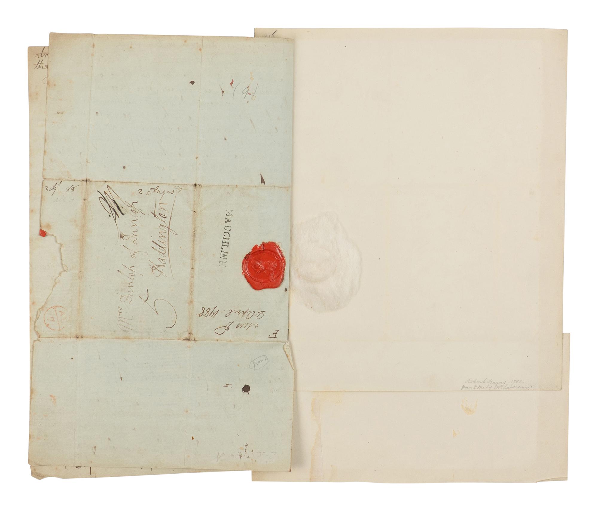 BURNS, Robert (1759-1796). Autograph letter signed ("Robt. Burns"), to Frances Dunlop (addressed as "Mrs. Dunlop"), Mauchline, 2 August 1788.