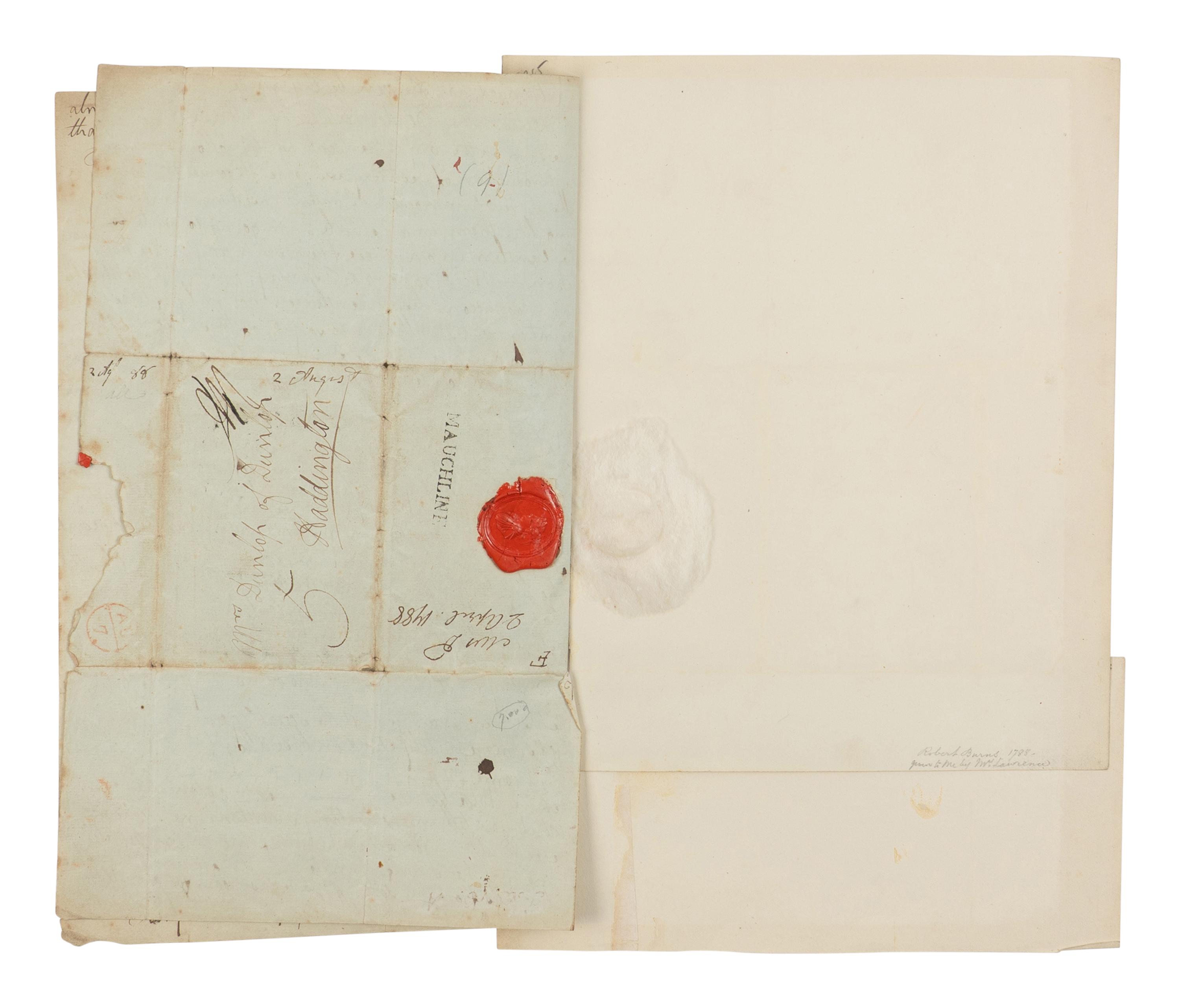 BURNS, Robert (1759-1796). Autograph letter signed ("Robt. Burns"), to Frances Dunlop (addressed as "Mrs. Dunlop"), Mauchline, 2 August 1788.