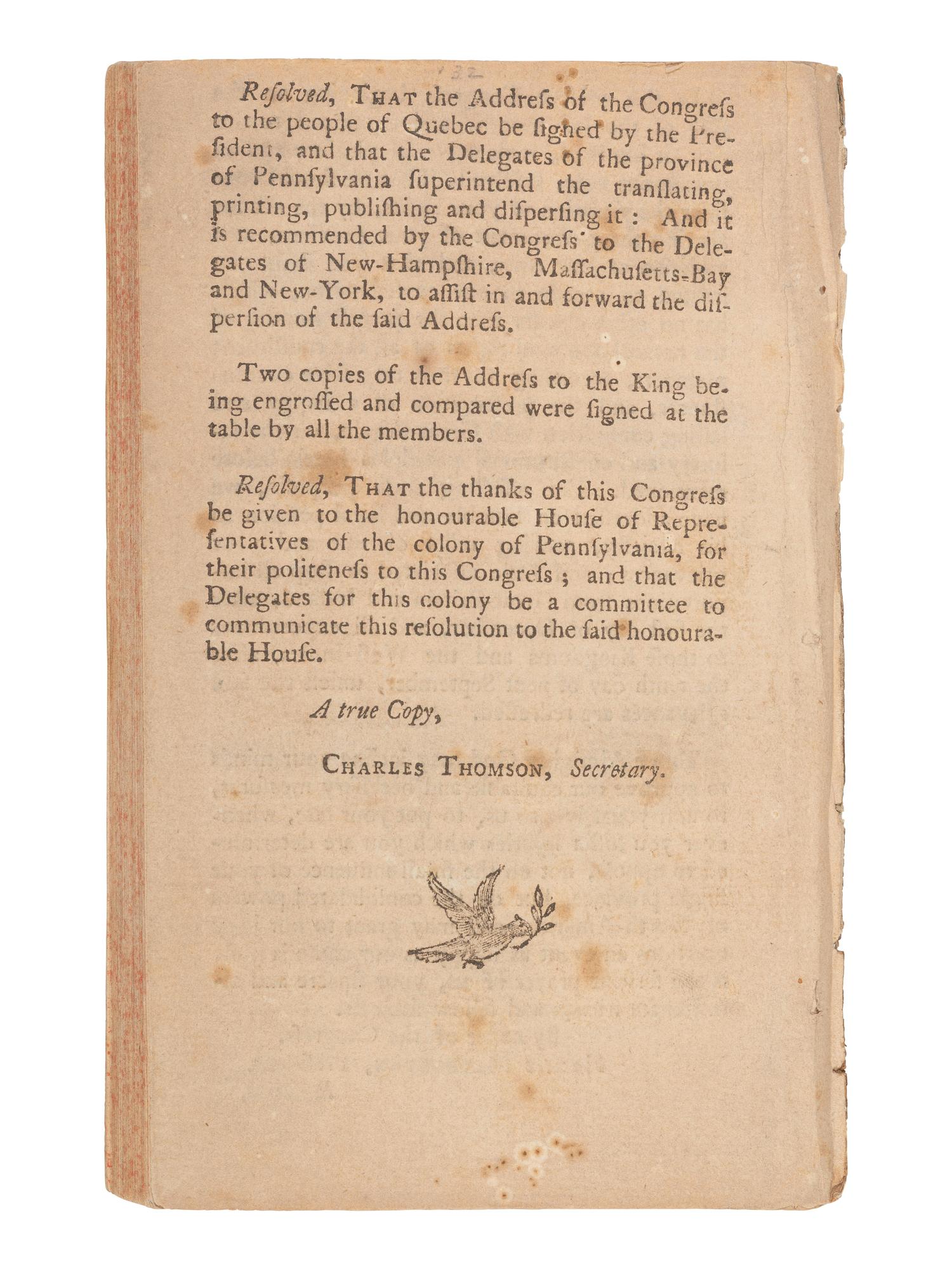 [REVOLUTIONARY WAR -- CONTINENTAL CONGRESS]. Journal of the Proceedings of the Congress, Held at Philadelphia, September 5, 1774 . Philadelphia: William and Thomas Bradford, at the London Coffee House, 1774.