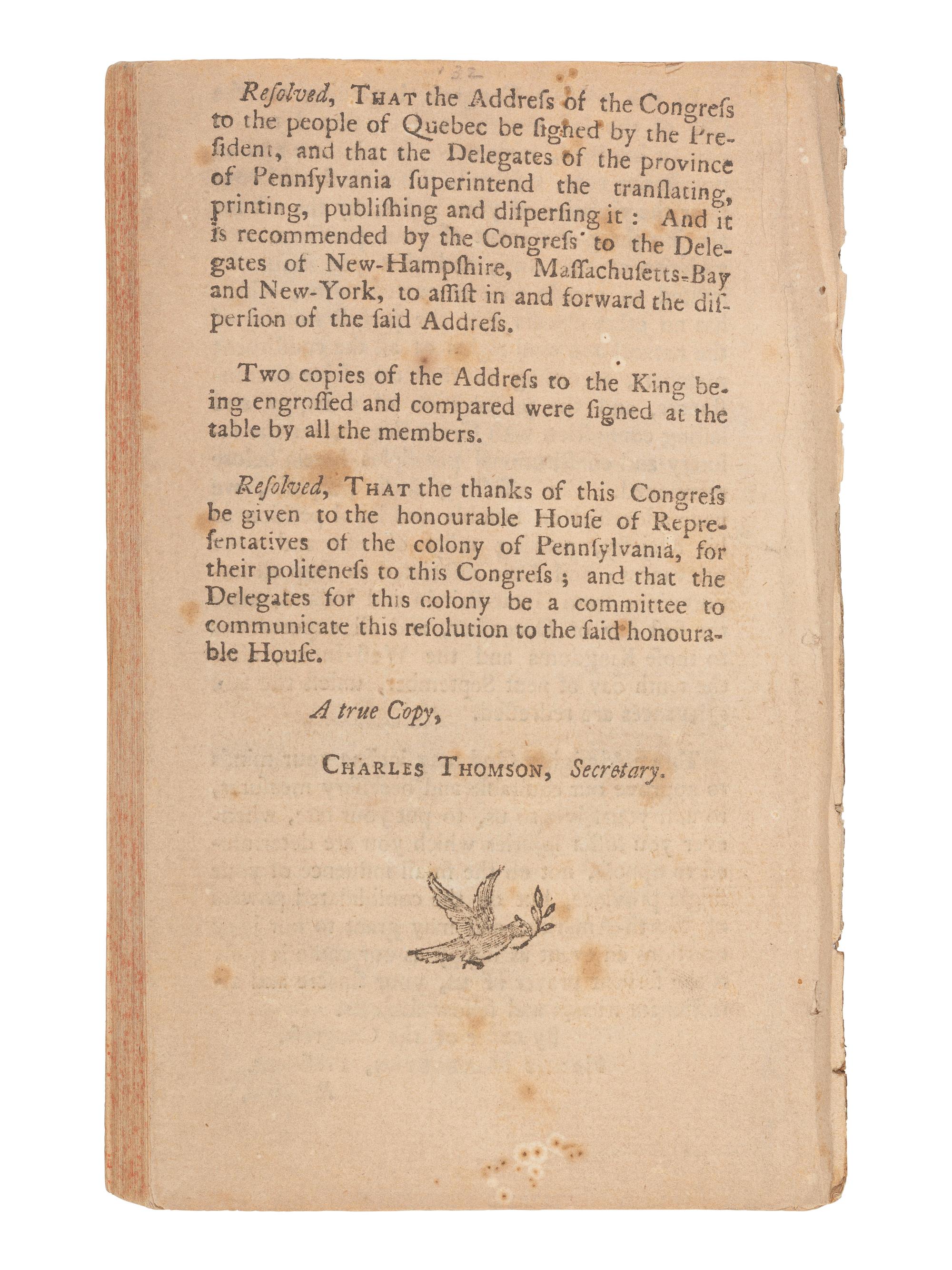 [REVOLUTIONARY WAR -- CONTINENTAL CONGRESS]. Journal of the Proceedings of the Congress, Held at Philadelphia, September 5, 1774 . Philadelphia: William and Thomas Bradford, at the London Coffee House, 1774.