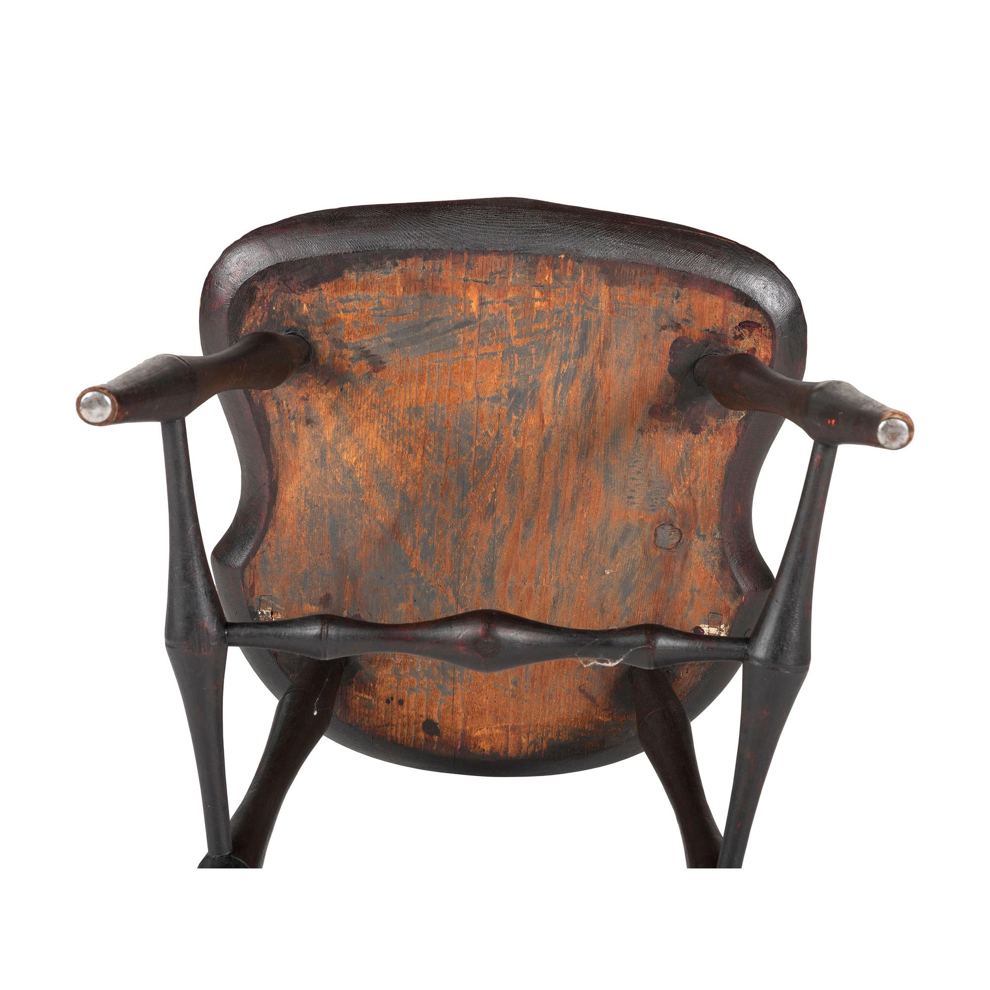 A Set of Six Black-Paint Decorated Compass Seat Bow Back Windsor Side Chairs