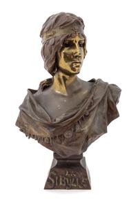 A French Patinated and Polished Bronze Bust, Emmanuel Villanis Height 21 inches.