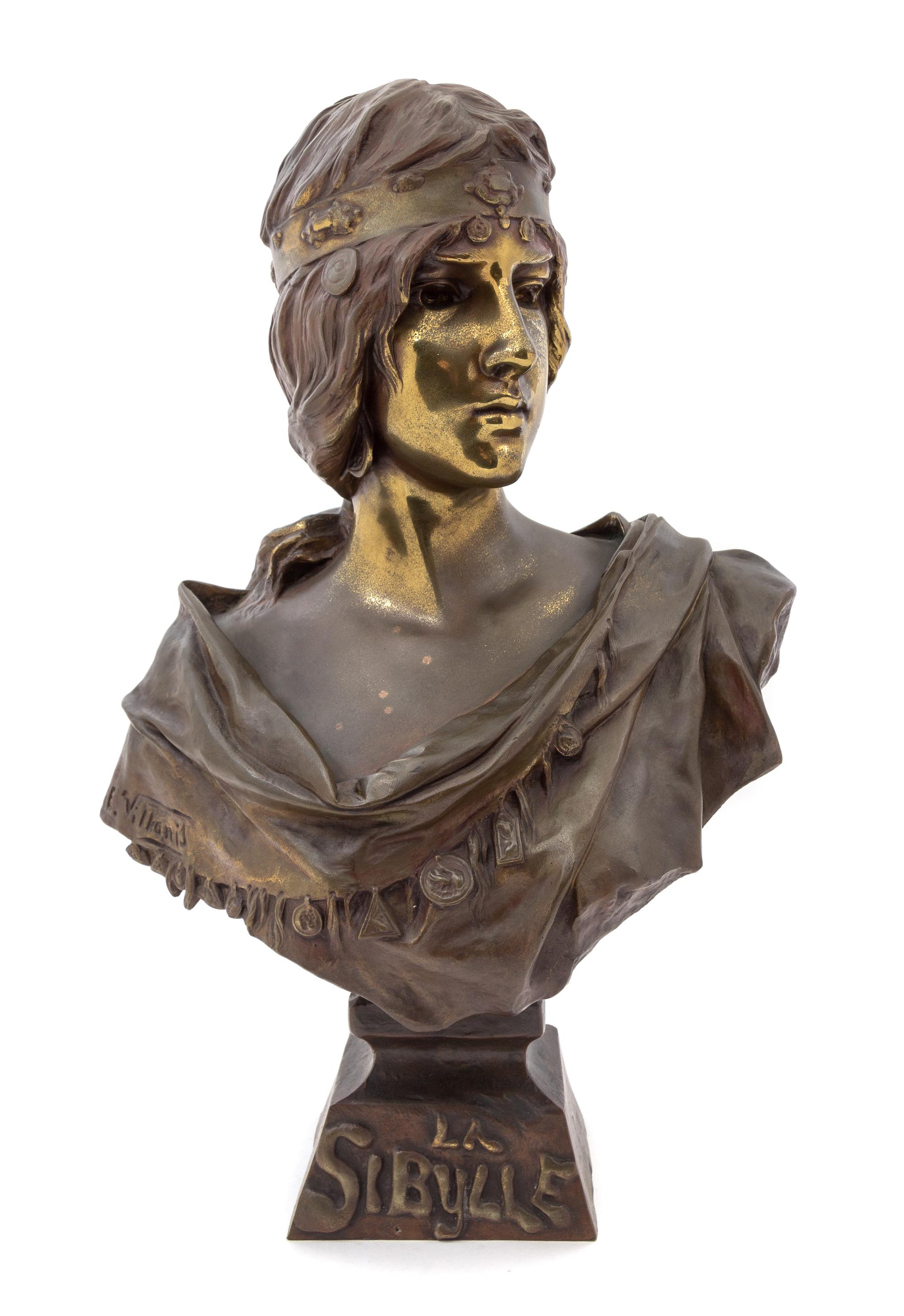 A French Patinated and Polished Bronze Bust, Emmanuel Villanis Height 21 inches.