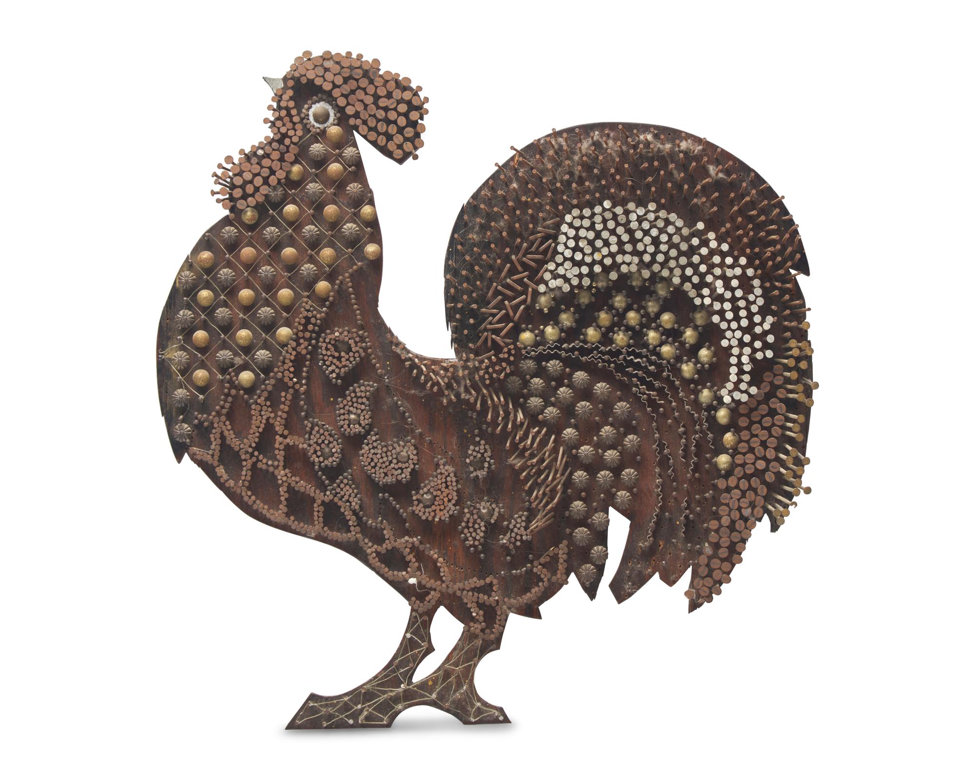 A Painted Wood and Nail-Work Rooster Plaque