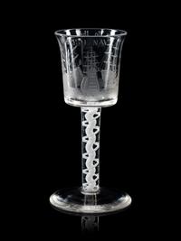 An Opaque Twist Engraved Wine Glass of British Naval Interest