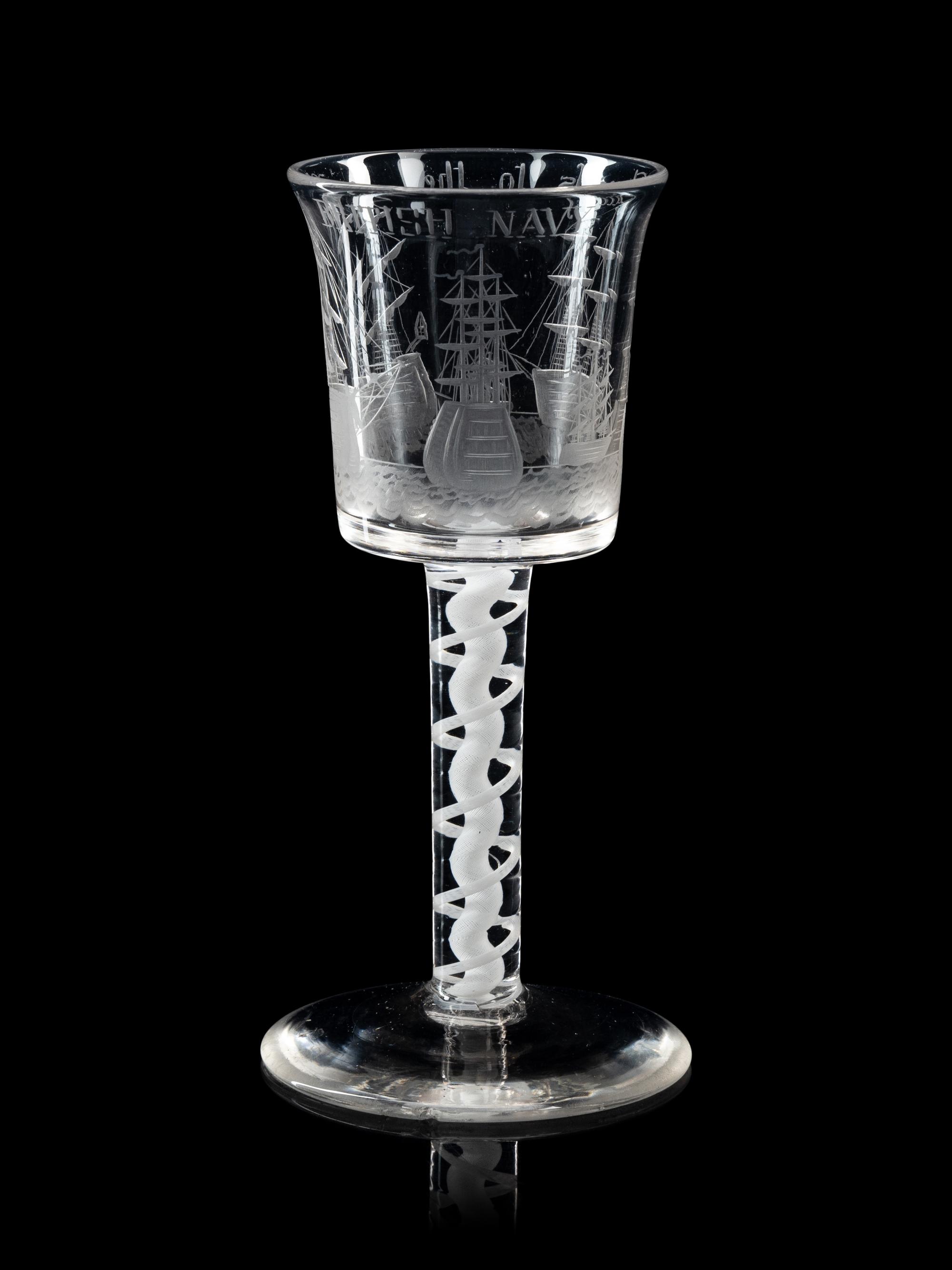 An Opaque Twist Engraved Wine Glass of British Naval Interest