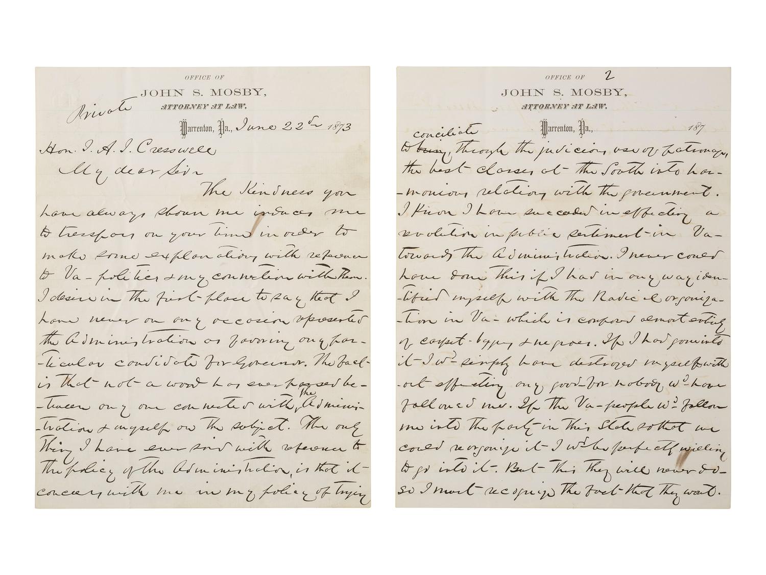 MOSBY, JOHN S. (1833-1916). ALS to J. A. J. Cresswell. Warrenton, VA, 22 June 1873. Mosby explains his political predicament within Virginia's discordant postwar Republican Party.