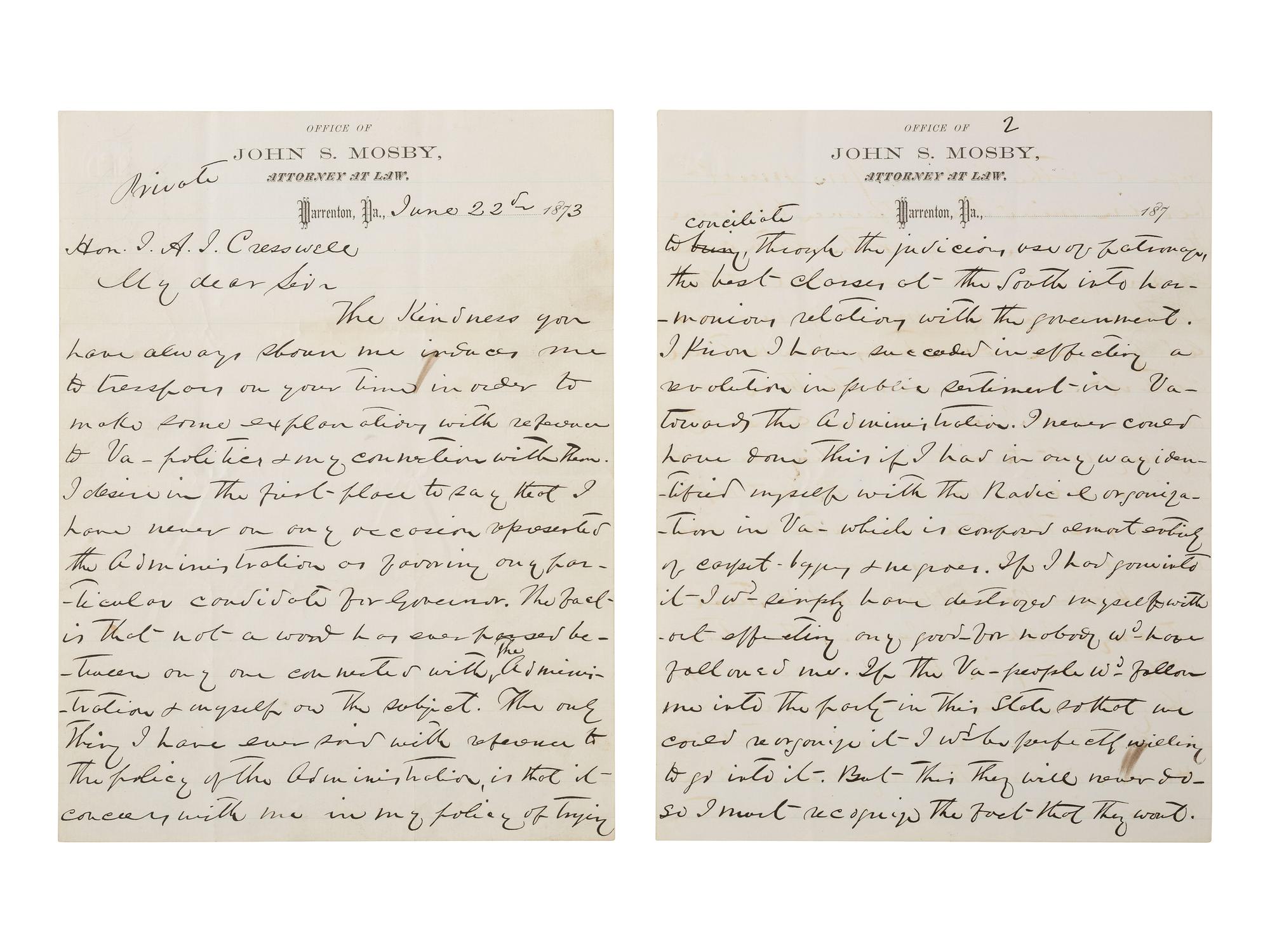 MOSBY, JOHN S. (1833-1916). ALS to J. A. J. Cresswell. Warrenton, VA, 22 June 1873. Mosby explains his political predicament within Virginia's discordant postwar Republican Party.