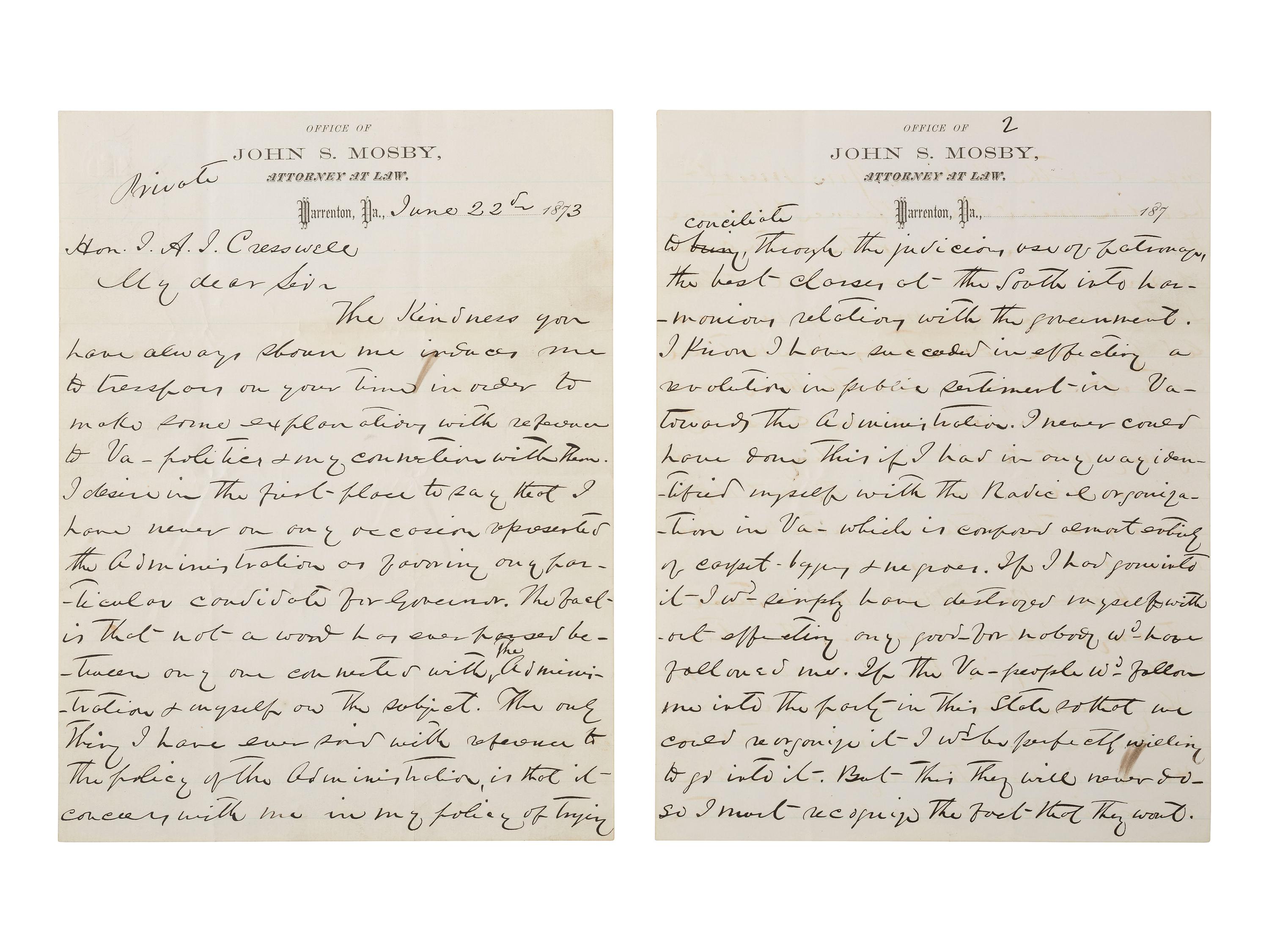 MOSBY, JOHN S. (1833-1916). ALS to J. A. J. Cresswell. Warrenton, VA, 22 June 1873. Mosby explains his political predicament within Virginia's discordant postwar Republican Party.