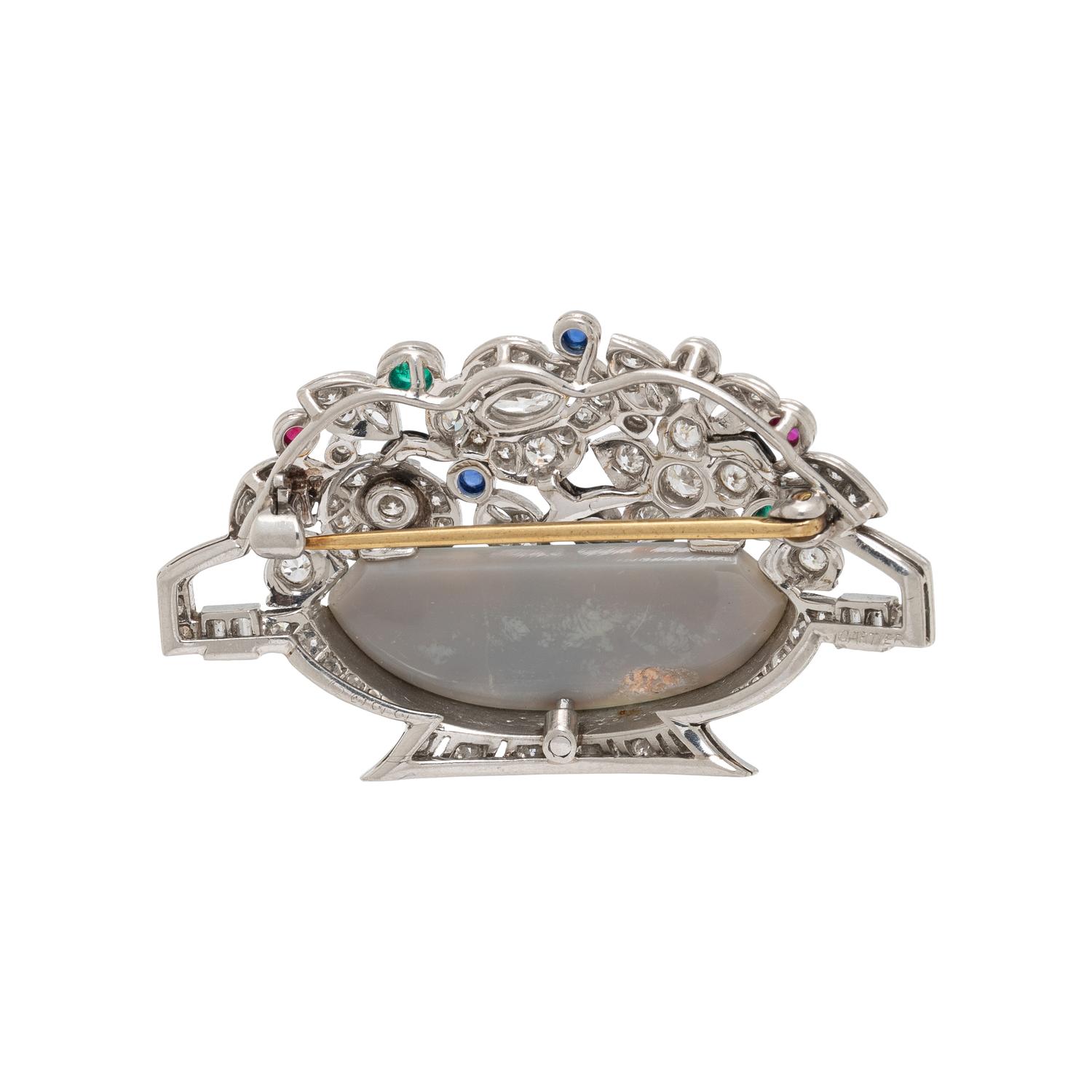 CARTIER, ART DECO, BLACK OPAL, DIAMOND, RUBY, EMERALD, AND SAPPHIRE GIARDINETTO BROOCH