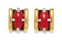 A Pair of 18 Karat Yellow Gold, Platinum, Coral, Diamond and Enamel Earclips, David Webb, 17.60 dwts.