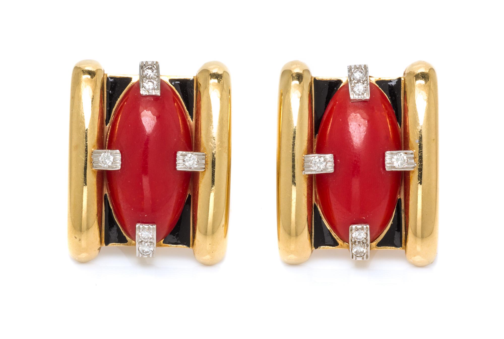 A Pair of 18 Karat Yellow Gold, Platinum, Coral, Diamond and Enamel Earclips, David Webb, 17.60 dwts.