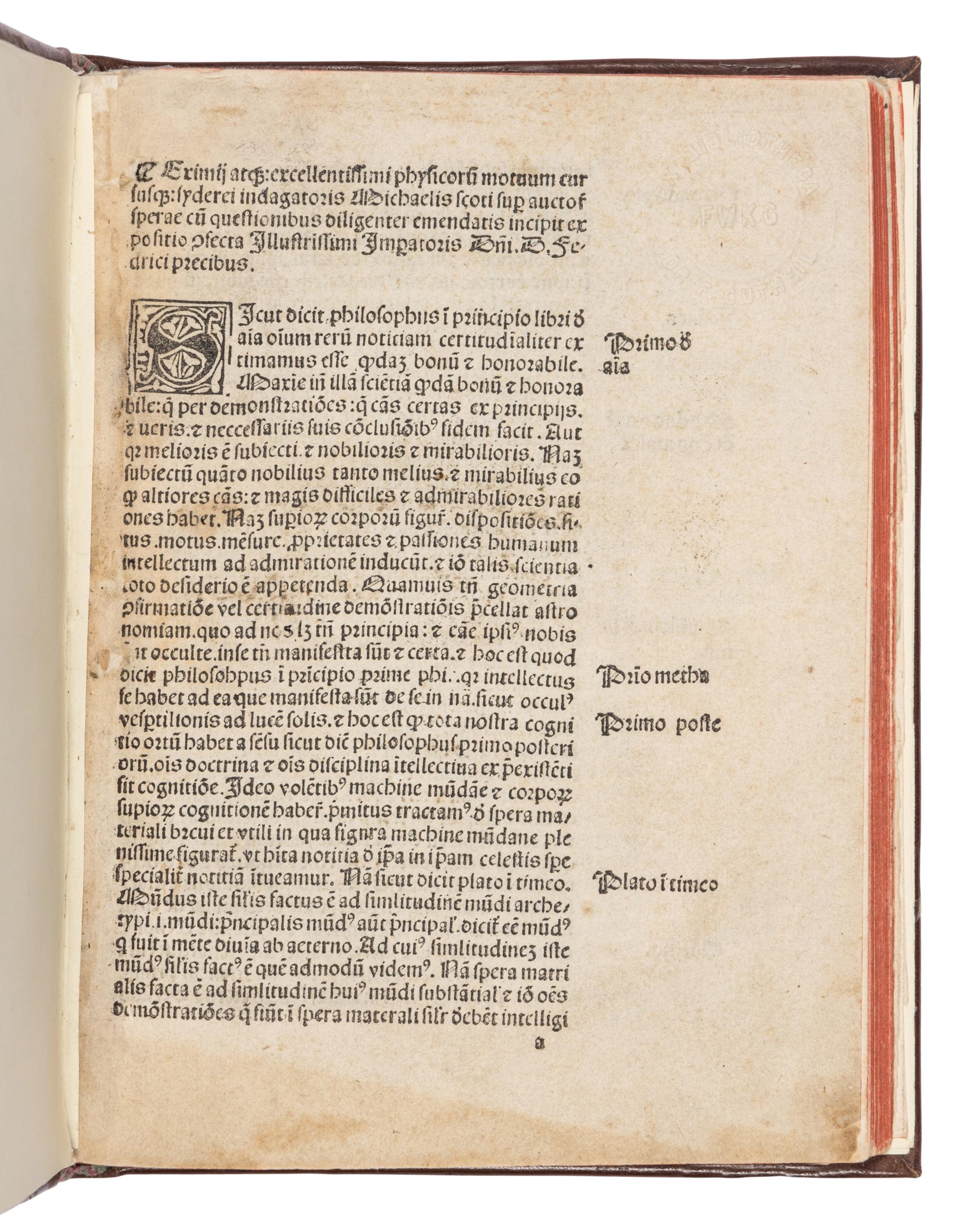 SCOTUS, Michael (1175-ca 1232), attributed to. Expositio super auctorem sphaerae . Bologna: Johannes de Ruberia, 16 September 1495.