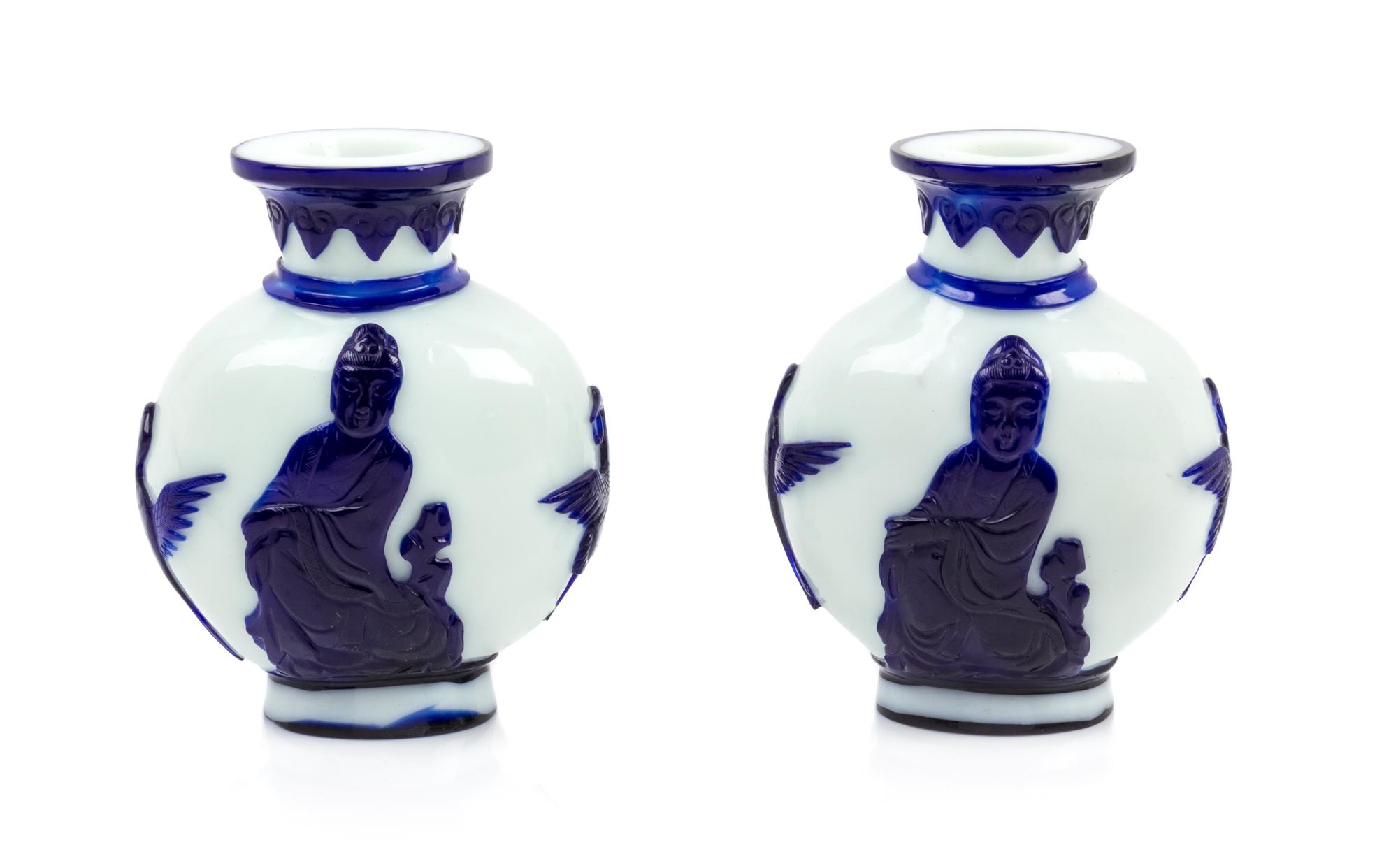 A Pair of Chinese Sapphire-Blue Overlay White Peking Glass Bottle Vases