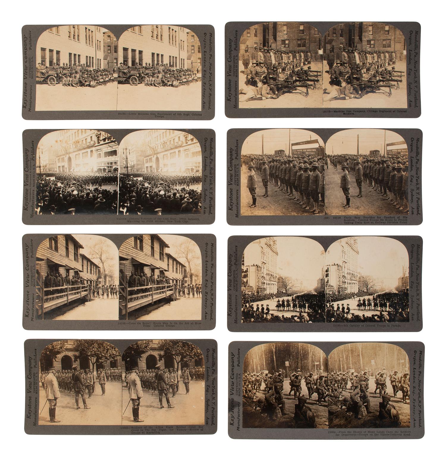 [BUFFALO SOLDIERS]. A group of 32 stereoviews of African American soldiers incl. 9th and 10th Cavalry Regiments. Ca 1890s-1900s.