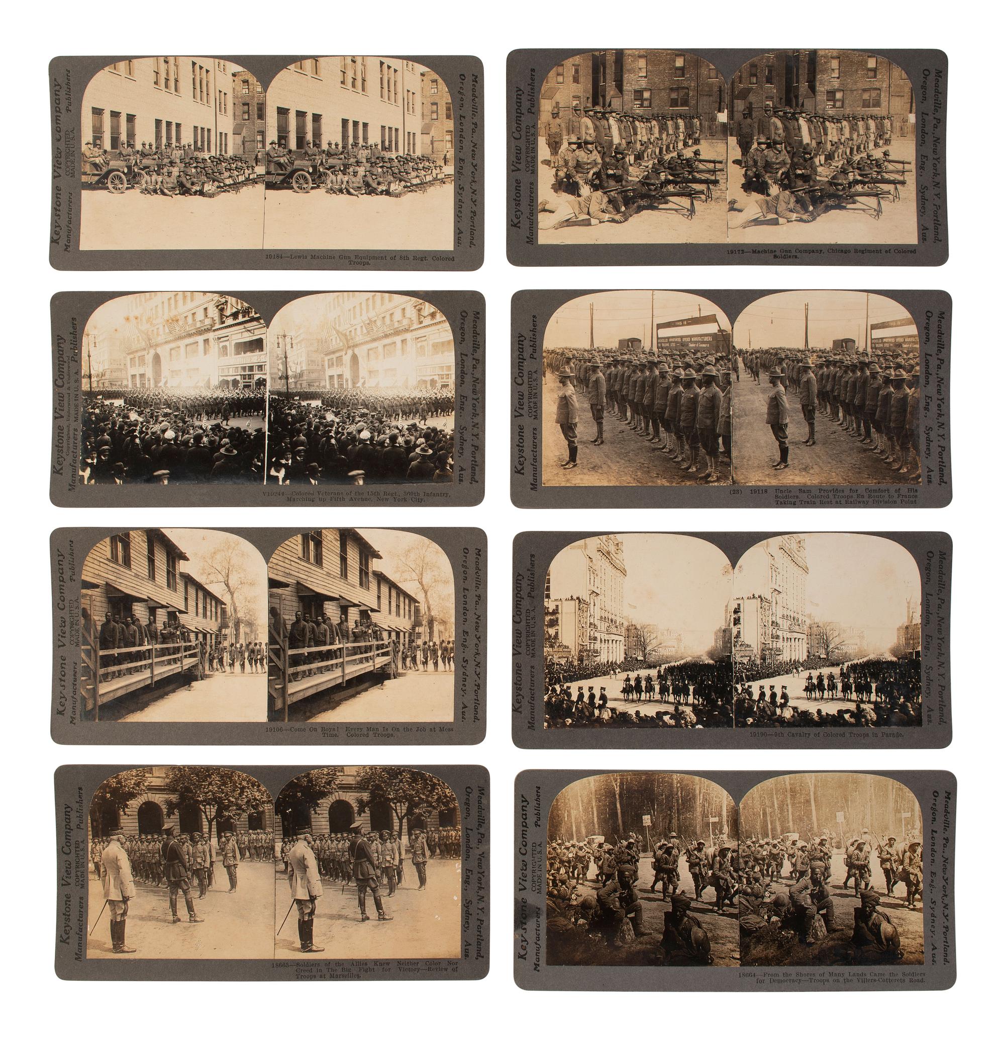 [BUFFALO SOLDIERS]. A group of 32 stereoviews of African American soldiers incl. 9th and 10th Cavalry Regiments. Ca 1890s-1900s.