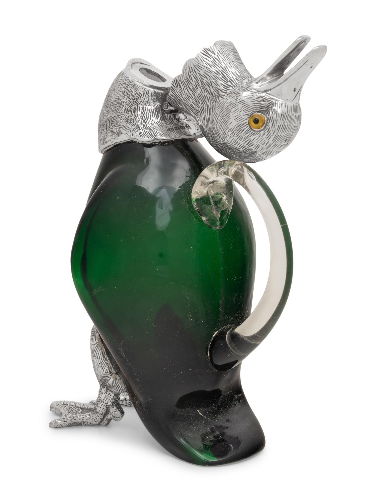 A Silver Plate and Green Glass Duck Decanter