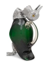 A Silver Plate and Green Glass Duck Decanter