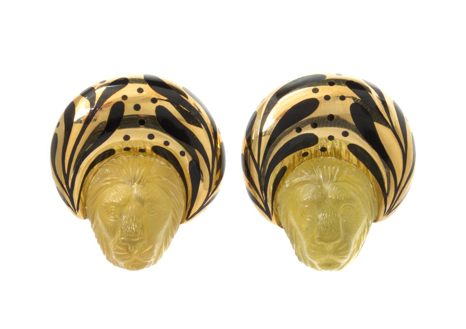 A Pair of 18 Karat Yellow Gold, Yellow Beryl and Enamel Earclips, Elizabeth Gage, 20.10 dwts.